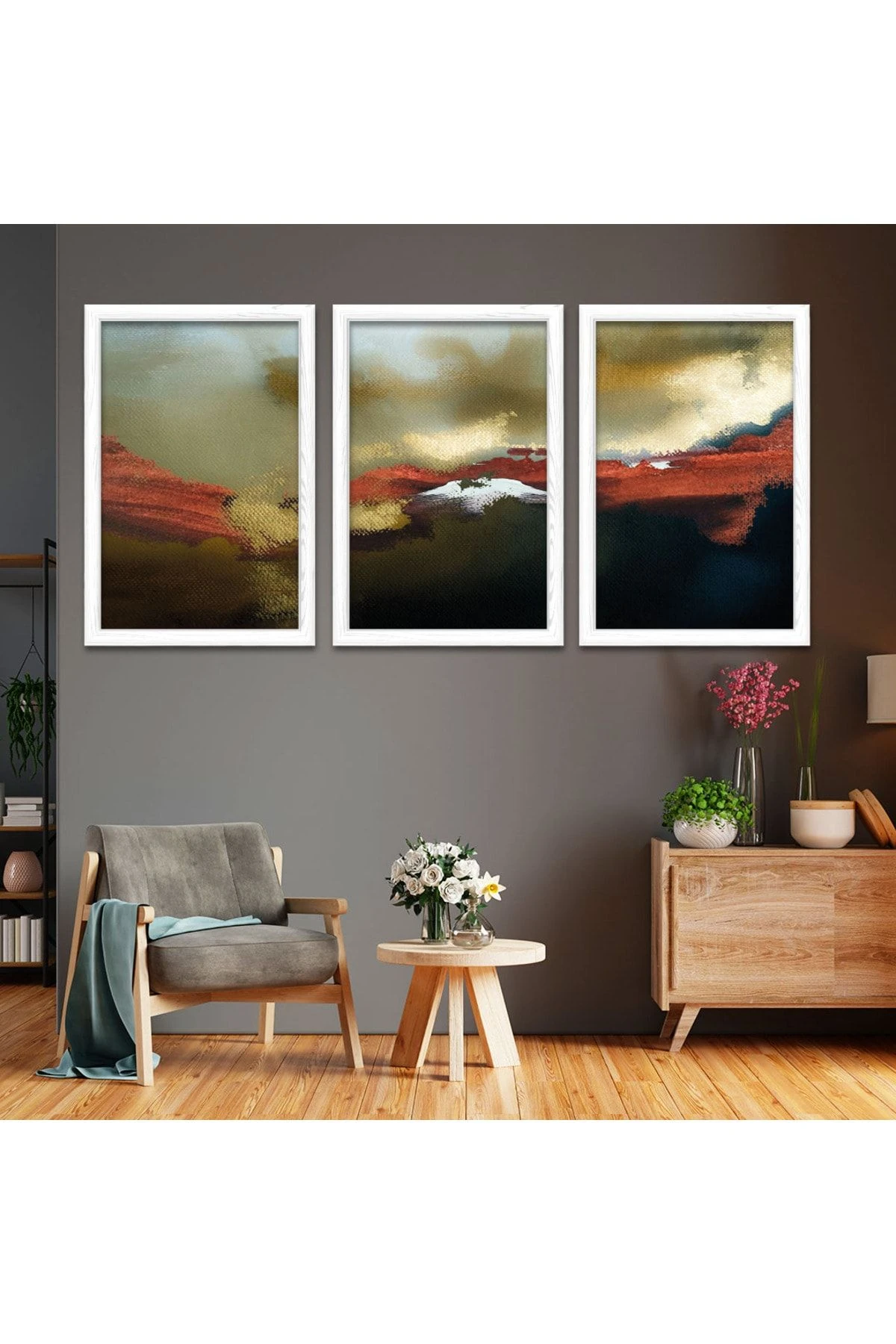 Beyaz Ahşap Çerçeveli Kolaj Çizim Modern Tablo