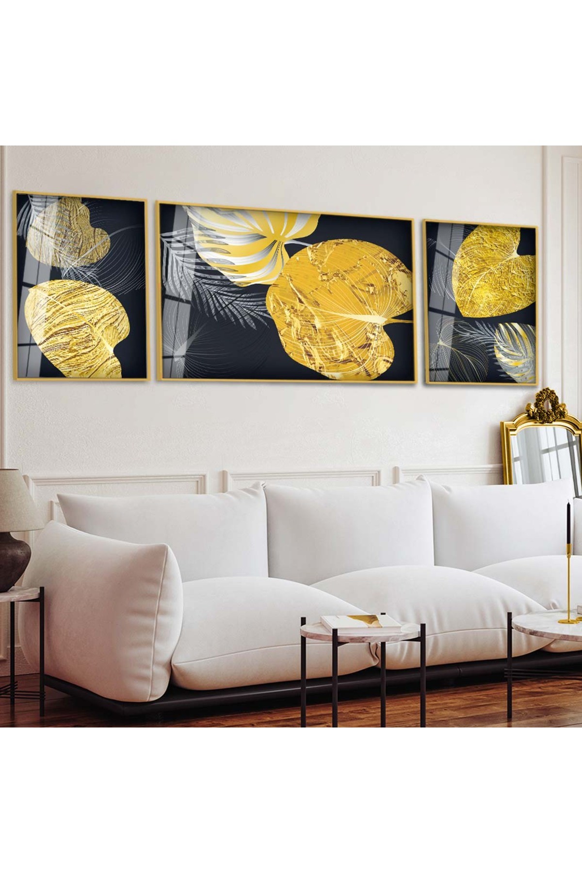 Minimal Sanat Tablosu Çizim Soyut Desen 3'Lü Metal Çerçeveli Kırılmaz Cam Tablo