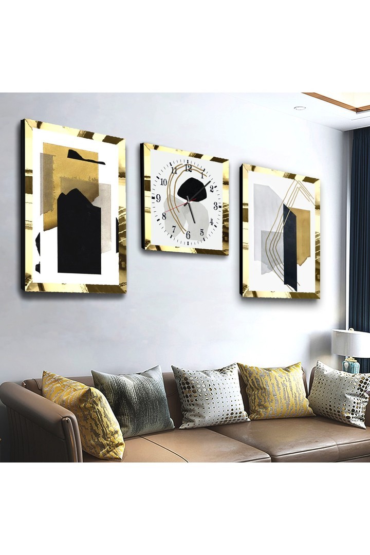 Huzur Kolaj Çizim Gold Pleksili Saat Ve Solmaz MDF Tablo