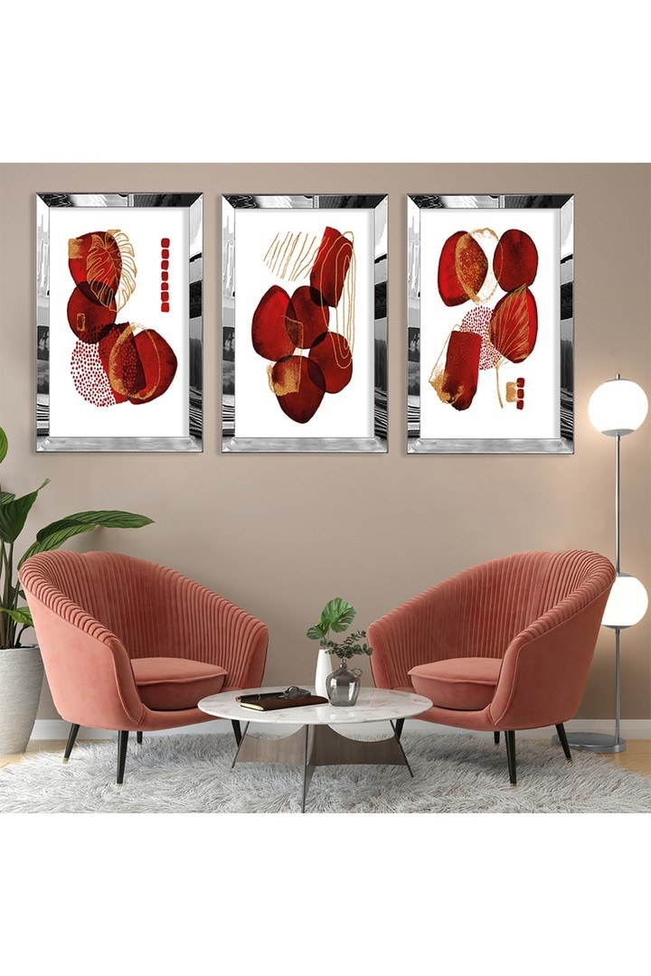 Salon Tablosu Şekiller Soyut Desen Gold Pleksi Kenar 3'Lü Solmaz MDF Tablo