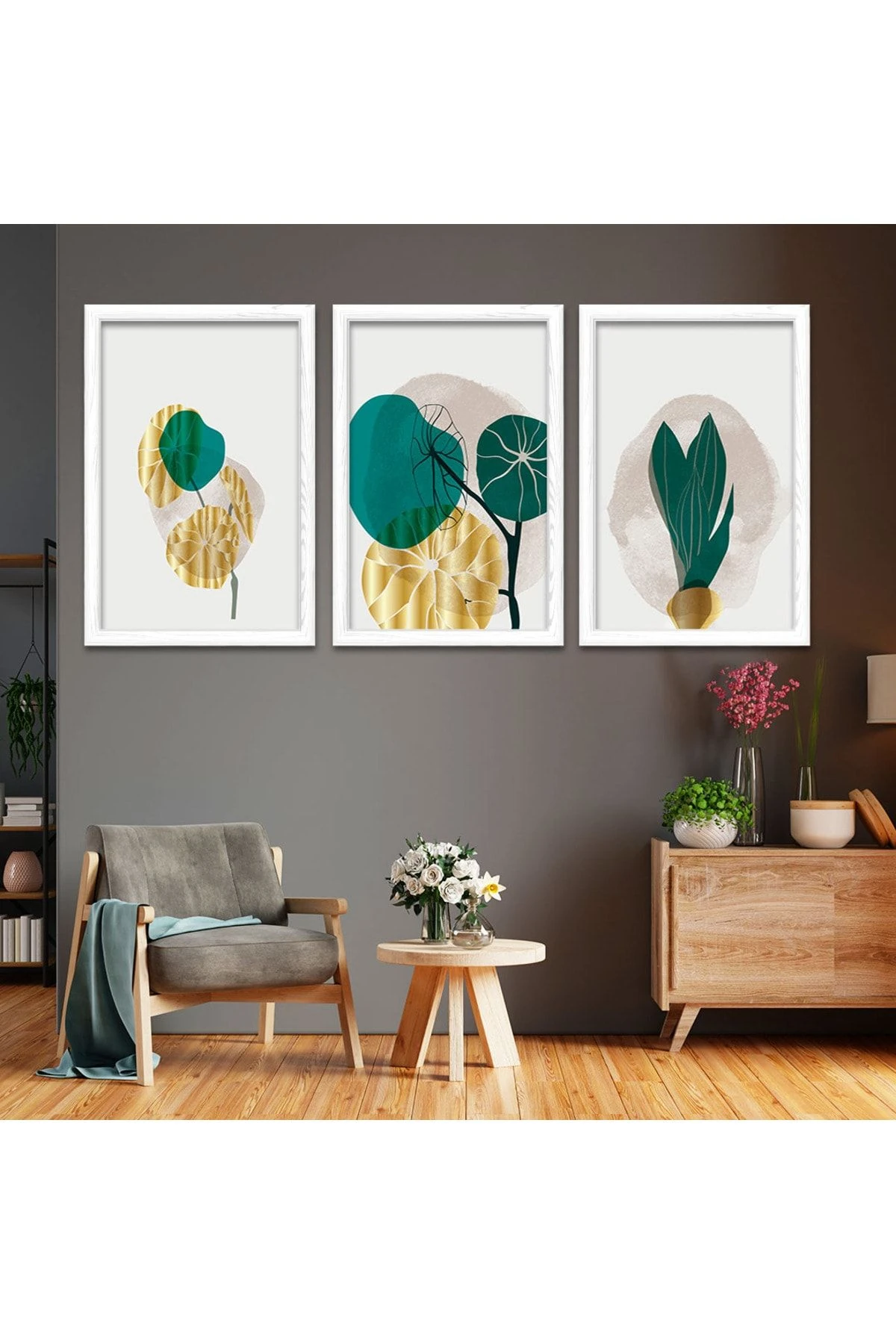 Beyaz Ahşap Çerçeveli Kolaj Çizim Çiçek Tablo