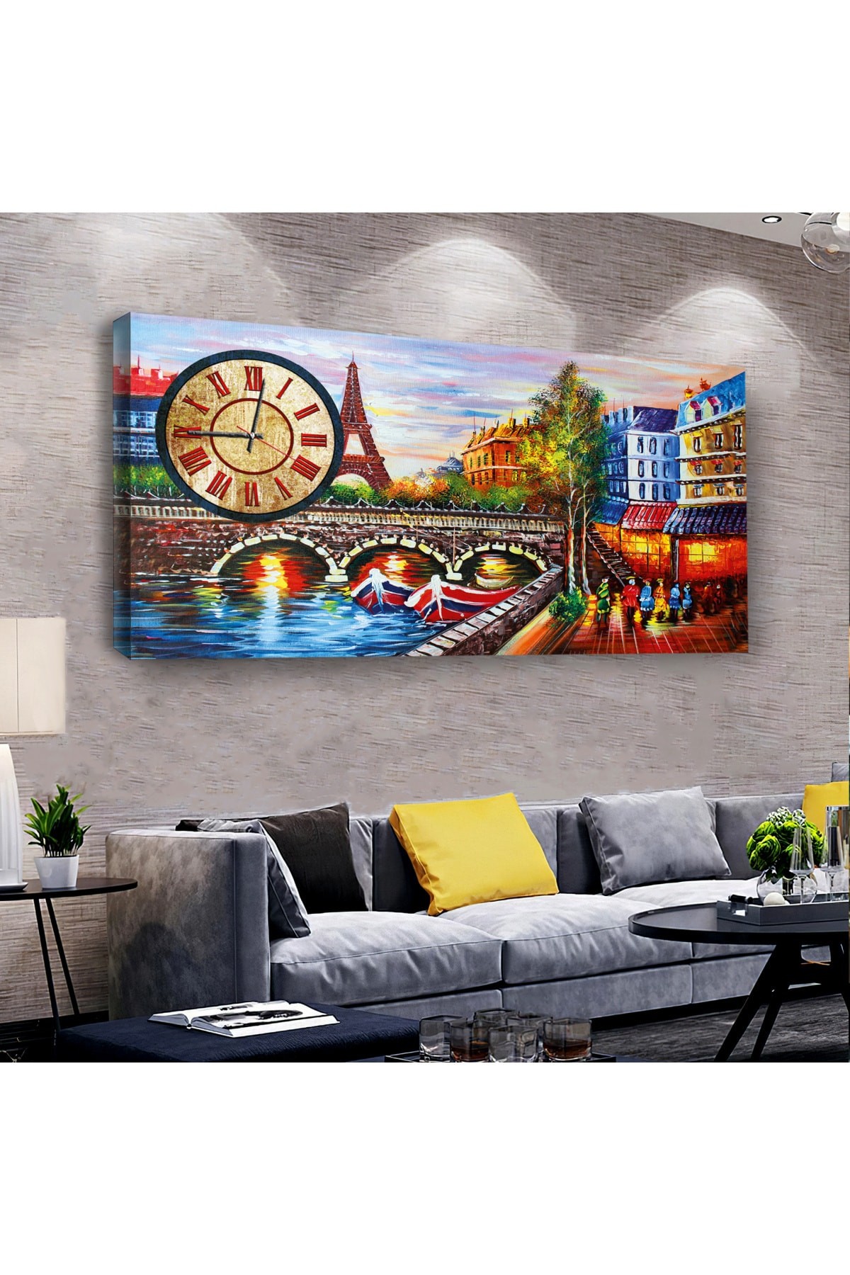 Renkli Eiffel Manzara saatliAhşap Şase Dijital Baskı Kanvas Tablo 100X50Cm