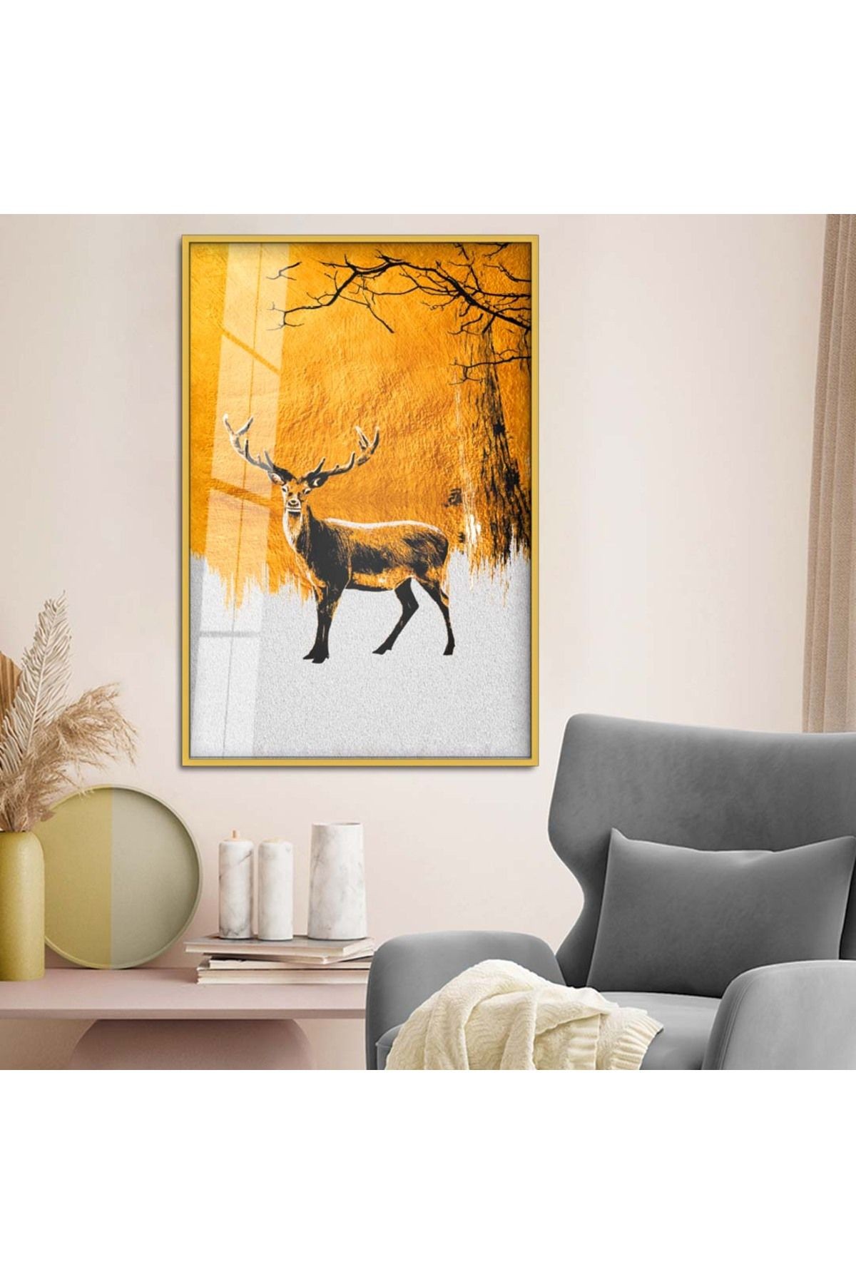 Gold Metal Çerçeveli Modern Çizim Geyik Tema Kırılmaz Cam Tablo