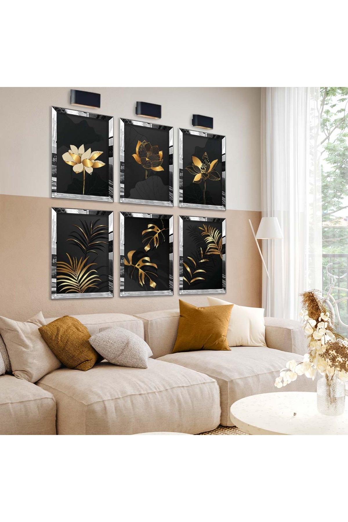 Gold Çiçek Ve Yaprak Tema 6'Lı Pleksi Kenar Solmaz MDF Tablo Seti