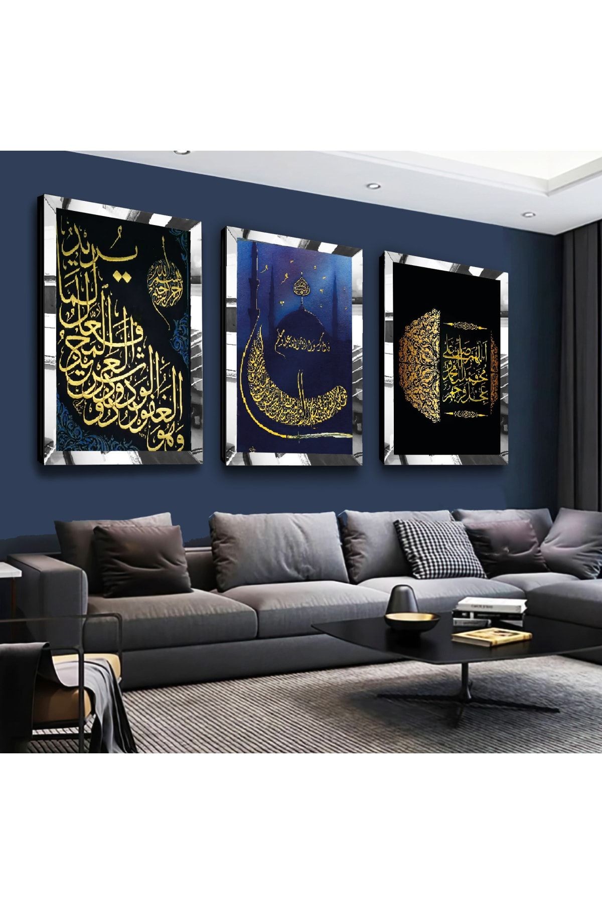 Gold Aynalı Pleksi Çerçeveli Aşk-ı Menzil Cami Üçlü Mdf Tablo Seti