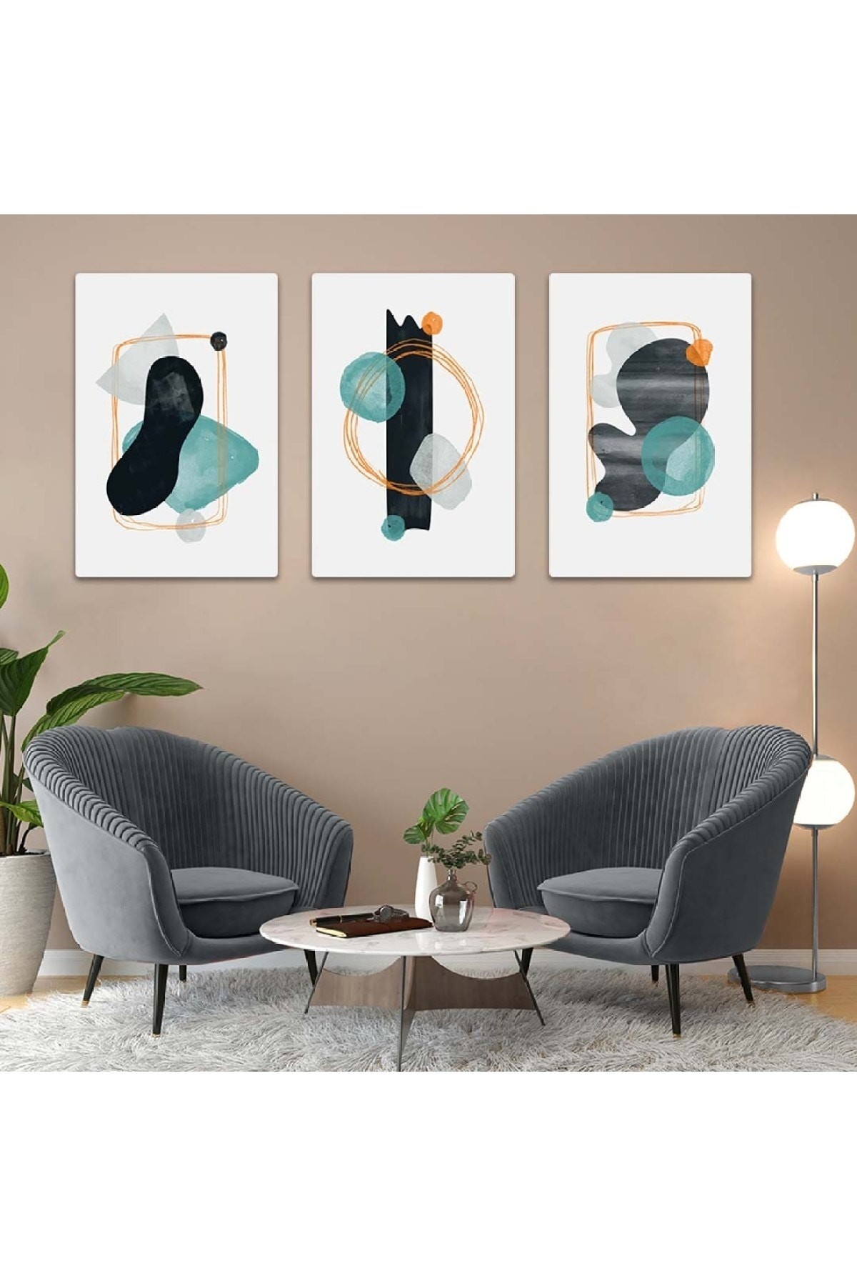 Oturma Odası Tablosu Minimalist Soyut Desen 3'Lü Solmaz MDF Tablo Set