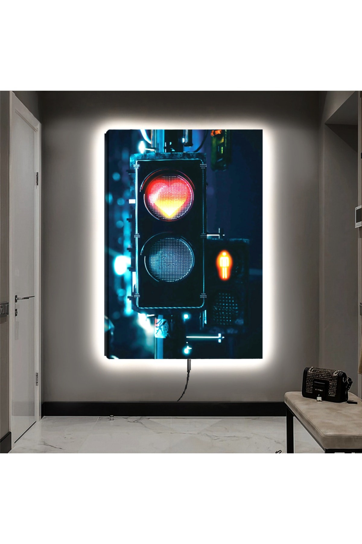 Ledli Kırmızı Işık Ahşap Şase Dijital Baskı Kanvas Tablo 90X60Cm