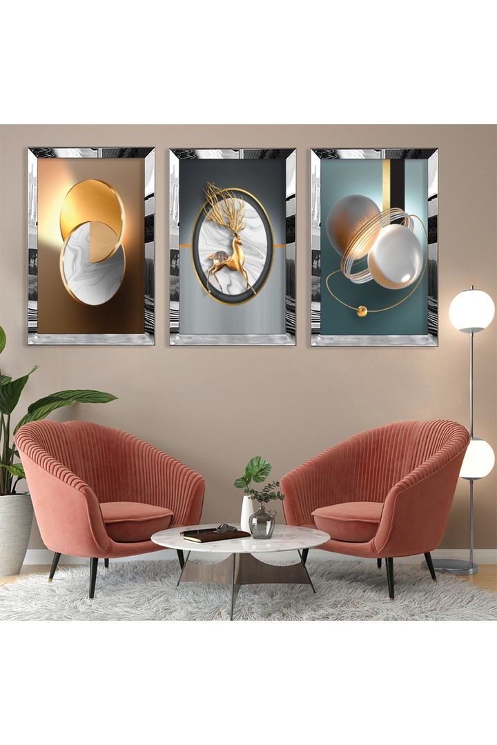 Geyik Soyut Desen Gold Pleksi Kenar 3'Lü Solmaz MDF Tablo