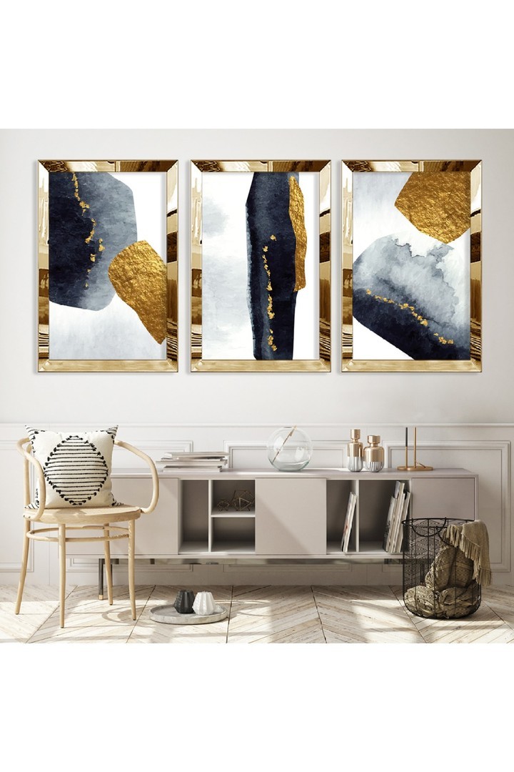 Ofis Tablosu Soyut Desen Gold Pleksi Kenar 3'Lü Solmaz MDF Tablo