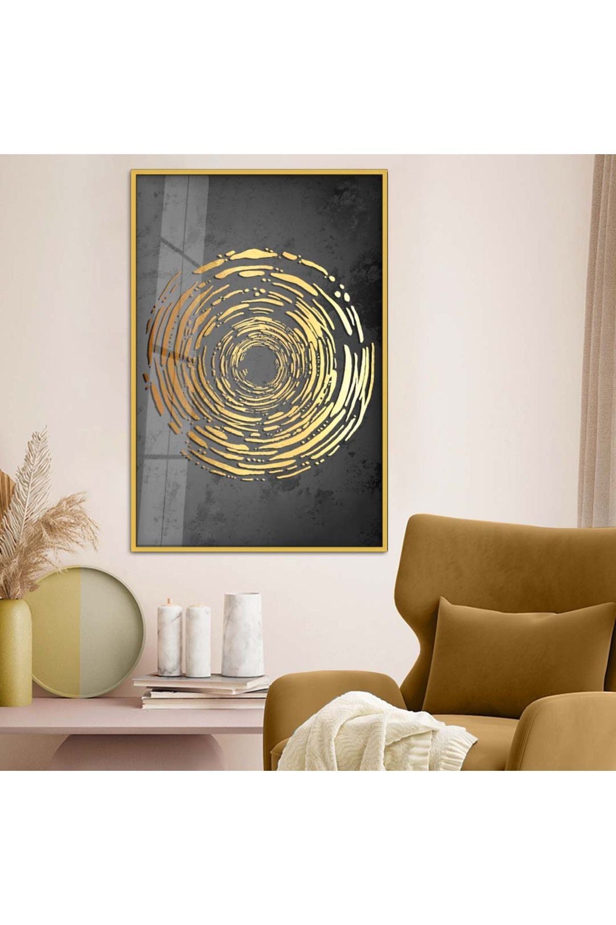 Gold Metal Çerçeveli Gold Tema Kolaj Çizim Kırılmaz Cam Tablo