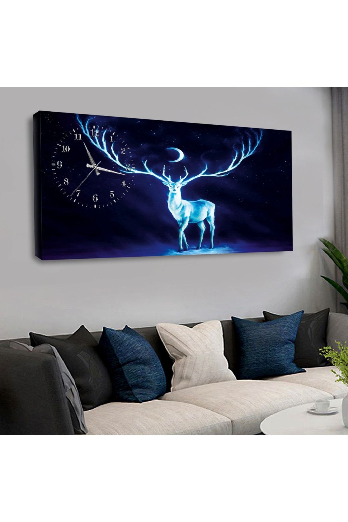 120x60 Saatli Hayvanlar Alemi Geyik Kanvas Tablo