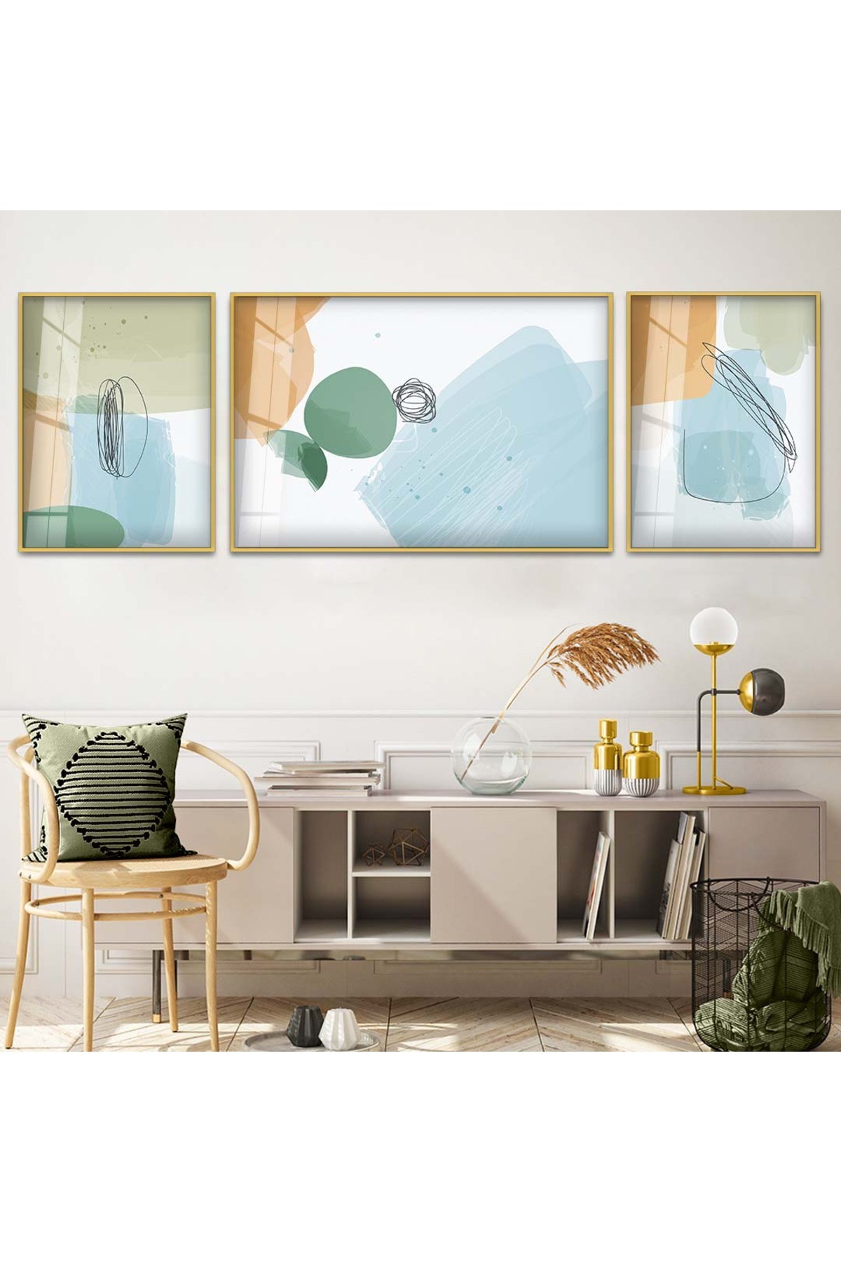 Minimal Sanatsal Çizim Soyut Desen 3'Lü Metal Çerçeveli UV Baskı Kırılmaz Cam Tablo