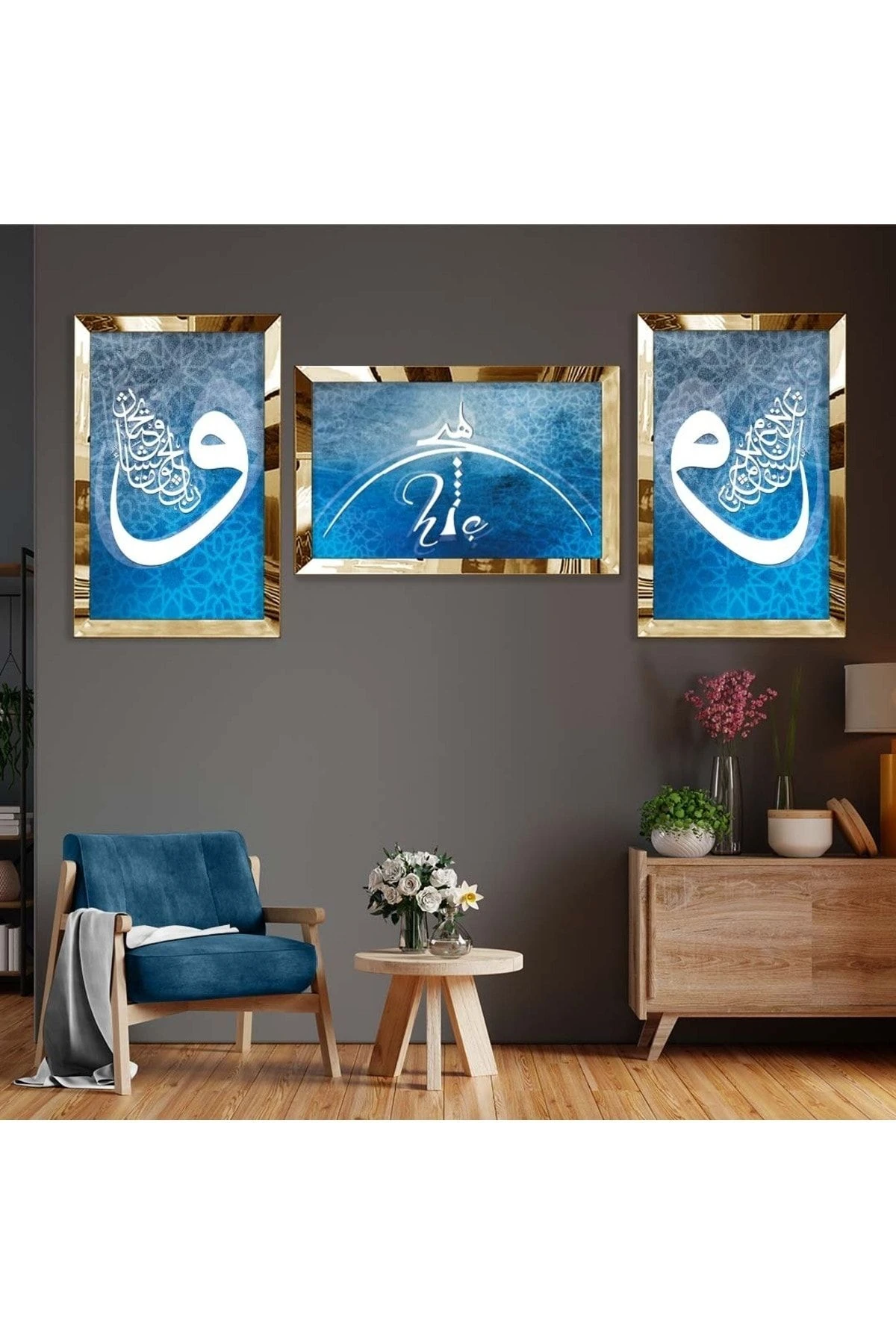 Gold Aynalı Pleksi Çerçeveli Açık Mavi Arka Planlı Beyaz Vav Harfi Ve Hiç Dini Üçlü Mdf Tablo Seti