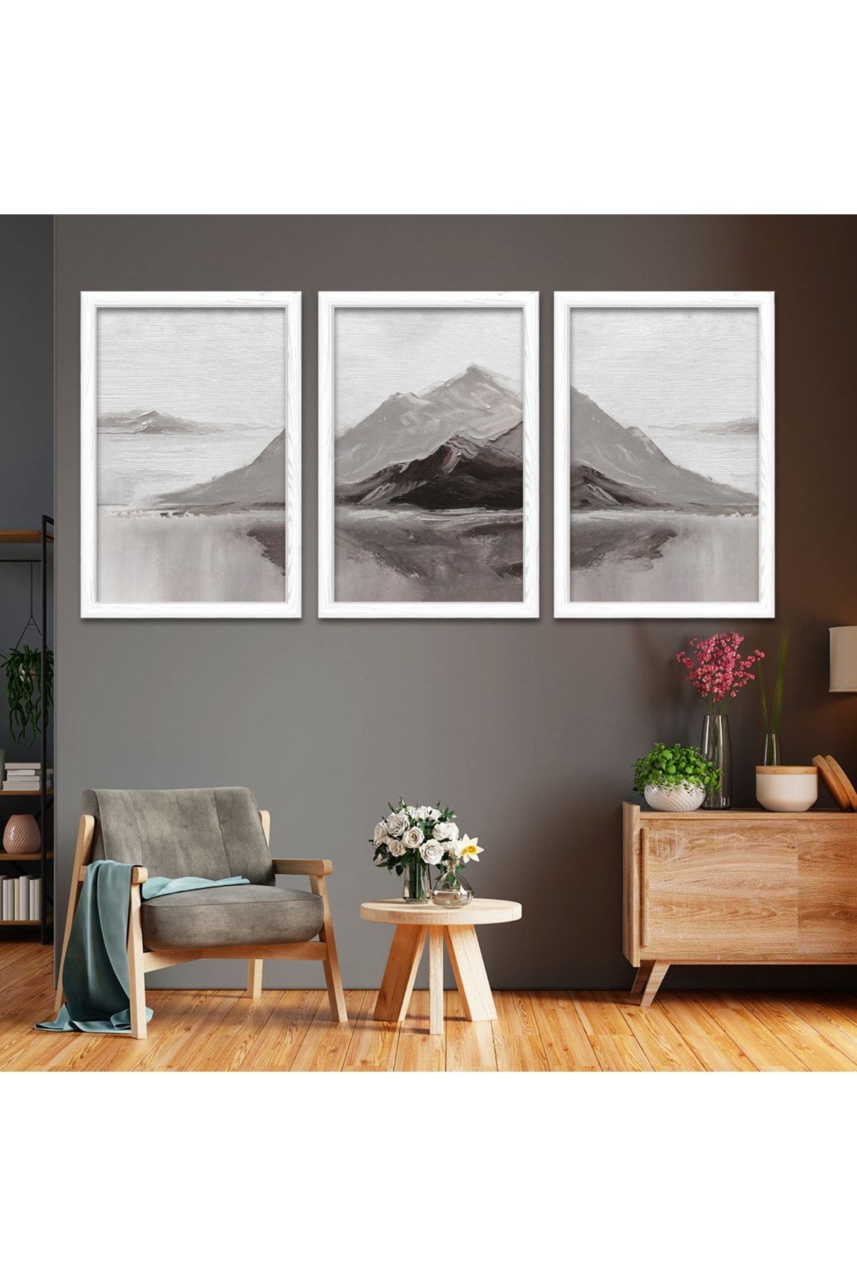 Beyaz Ahşap Çerçeveli Kolaj Çizim Modern Tablo