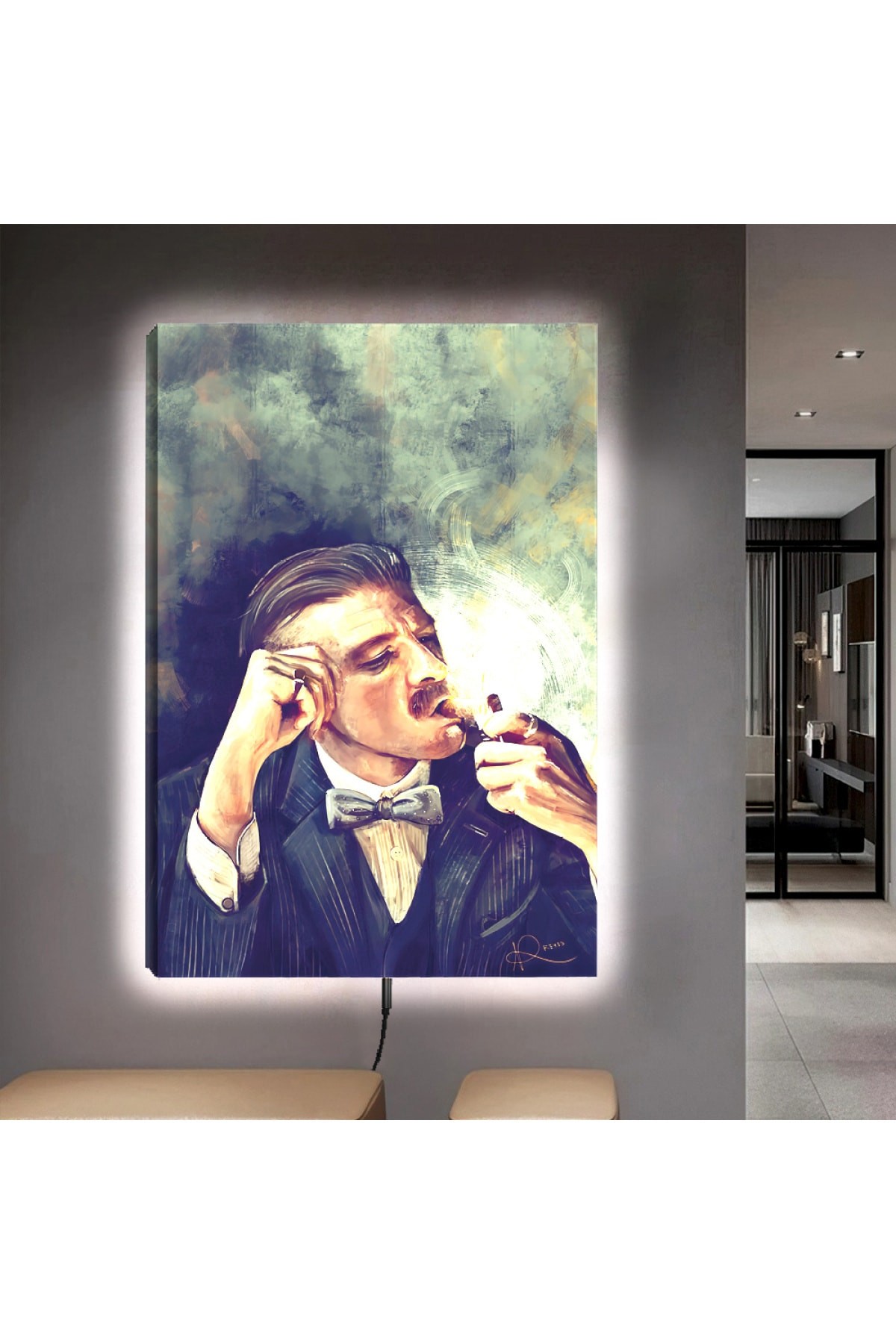 Ledli Peaky Blinders Ahşap Şase Dijital Baskı Kanvas Tablo 90X60Cm
