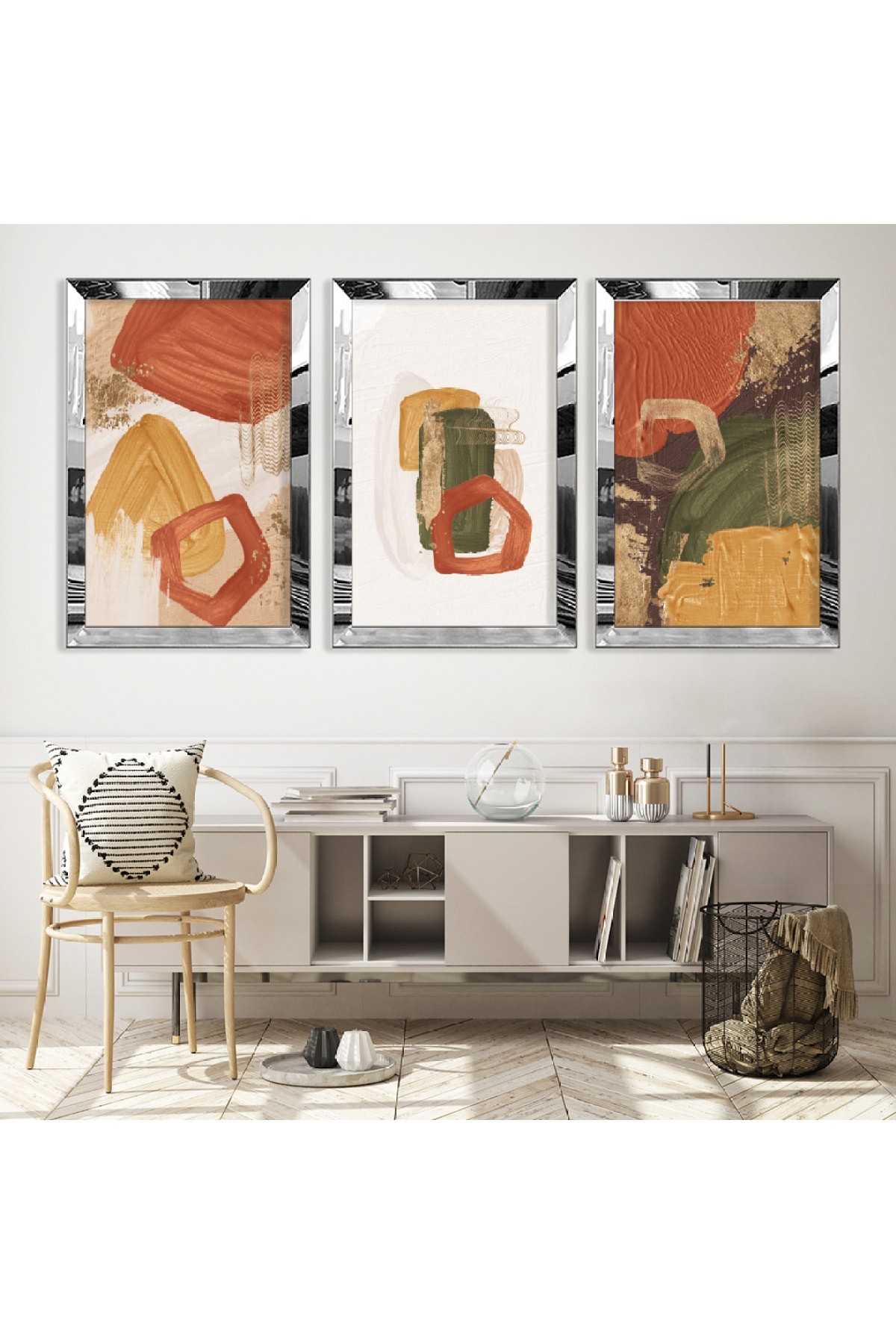 Soyut Desen Boya Gold Pleksi Kenar 3'Lü Solmaz MDF Tablo Ve Saat Kombin