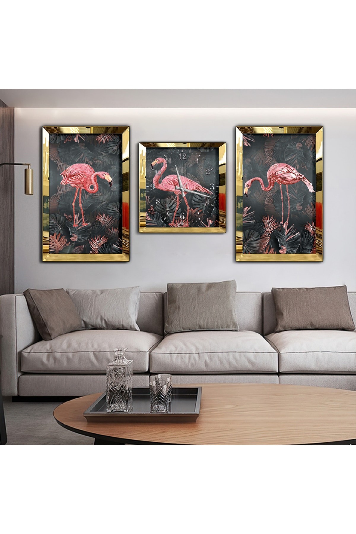 Flamingo Aynalı Gold Pleksi Çerçeveli Solmaz MDF Tablo Ve Saat Seti