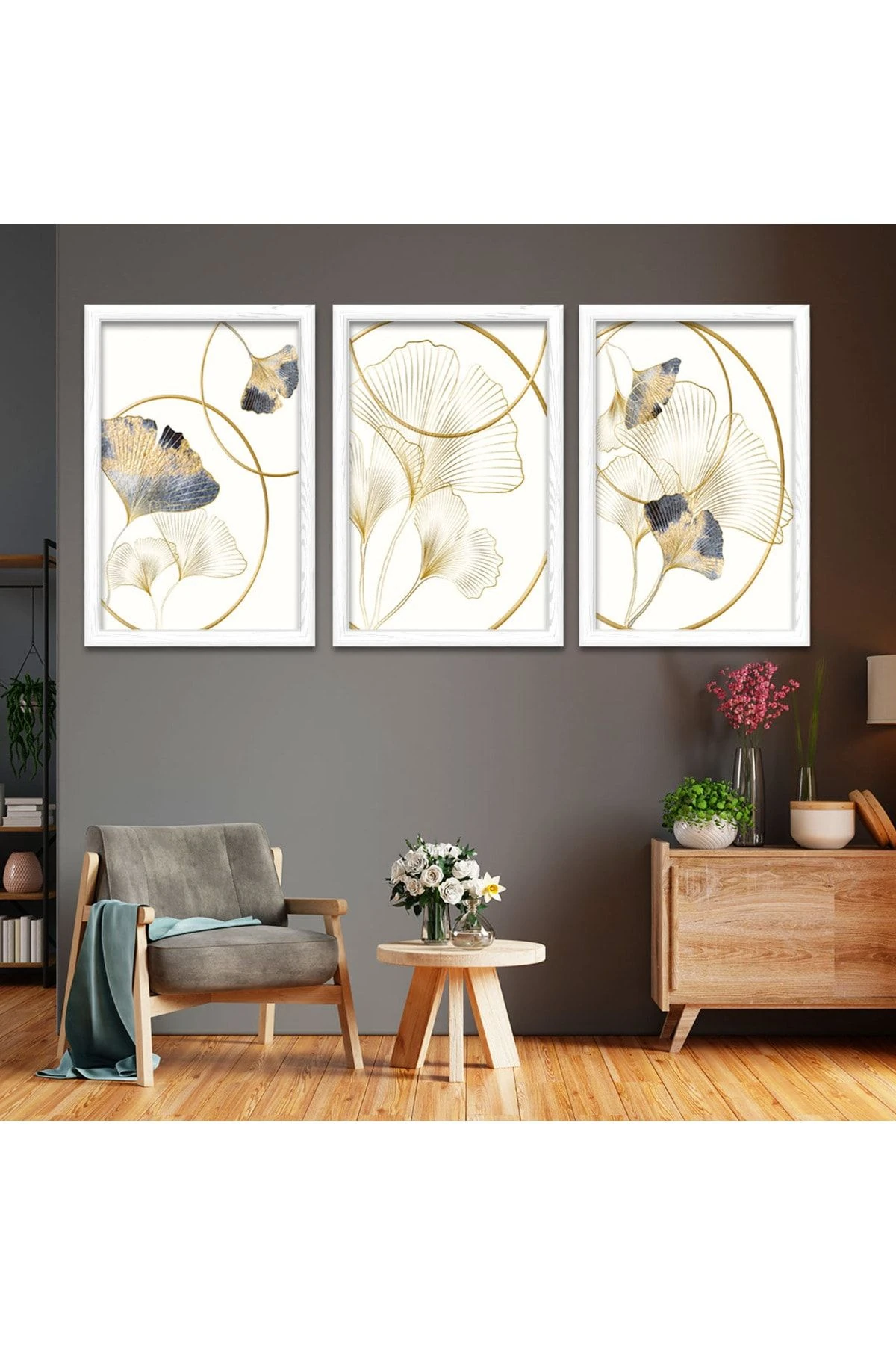 Beyaz Ahşap Çerçeveli Kolaj Çizim Modern Tablo