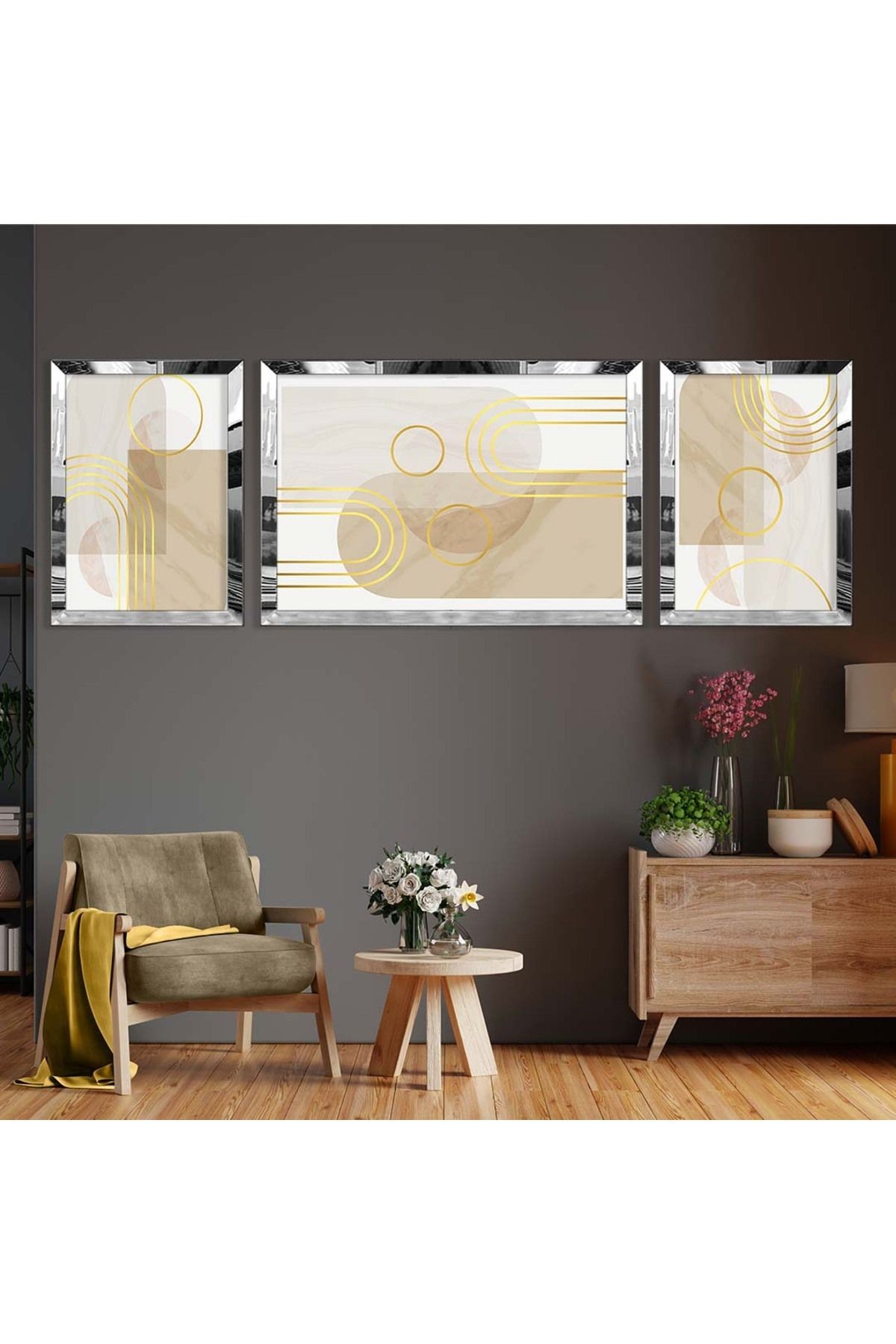 Gold Aynalı Pleksi Çerçeveli Üçlü Beyaz Gri Arka Planlı Gold Desenli Soyut Mdf Tablo Seti