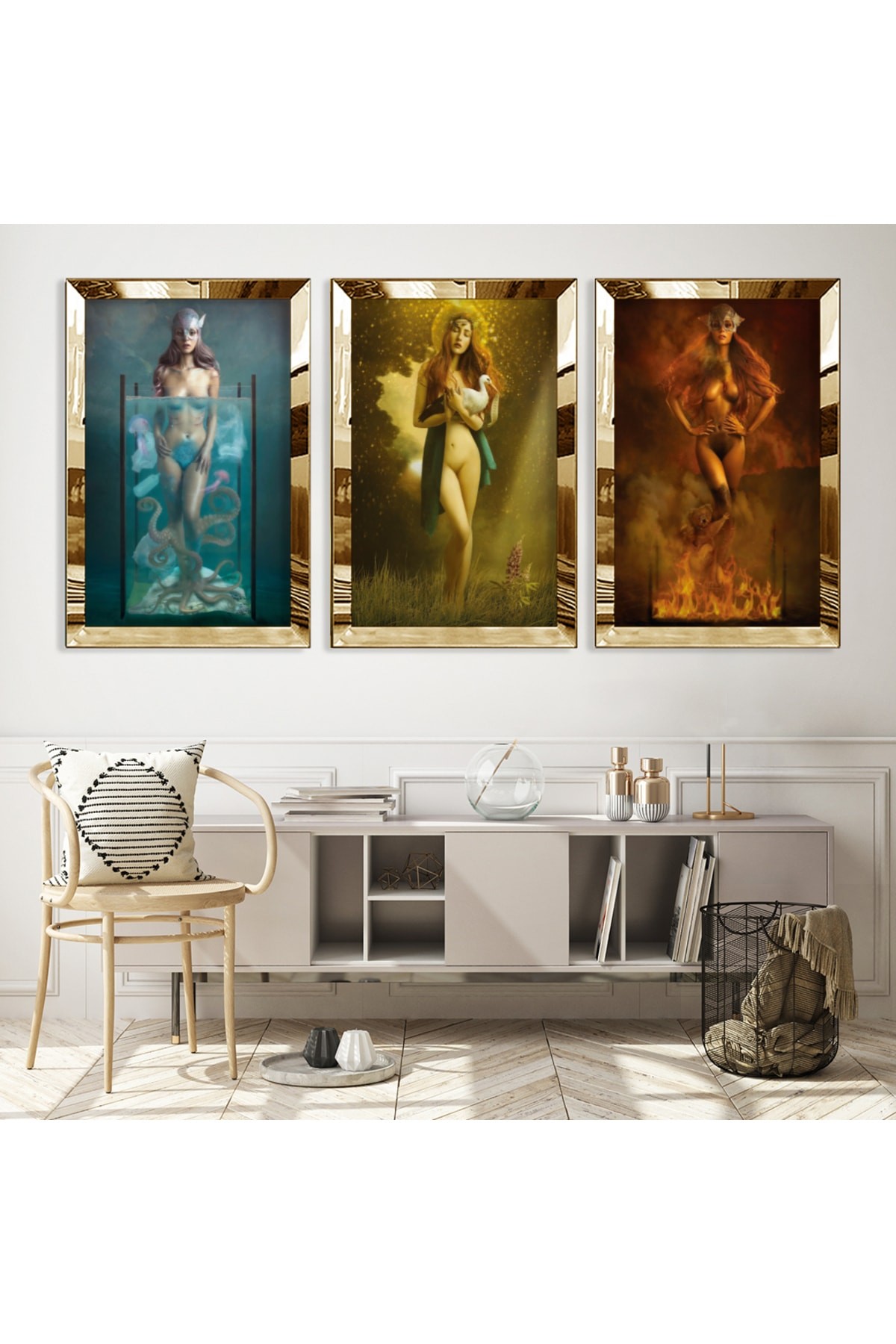 Modern Kadın Gold Pleksi Kenar 3'Lü Solmaz MDF Tablo Seti