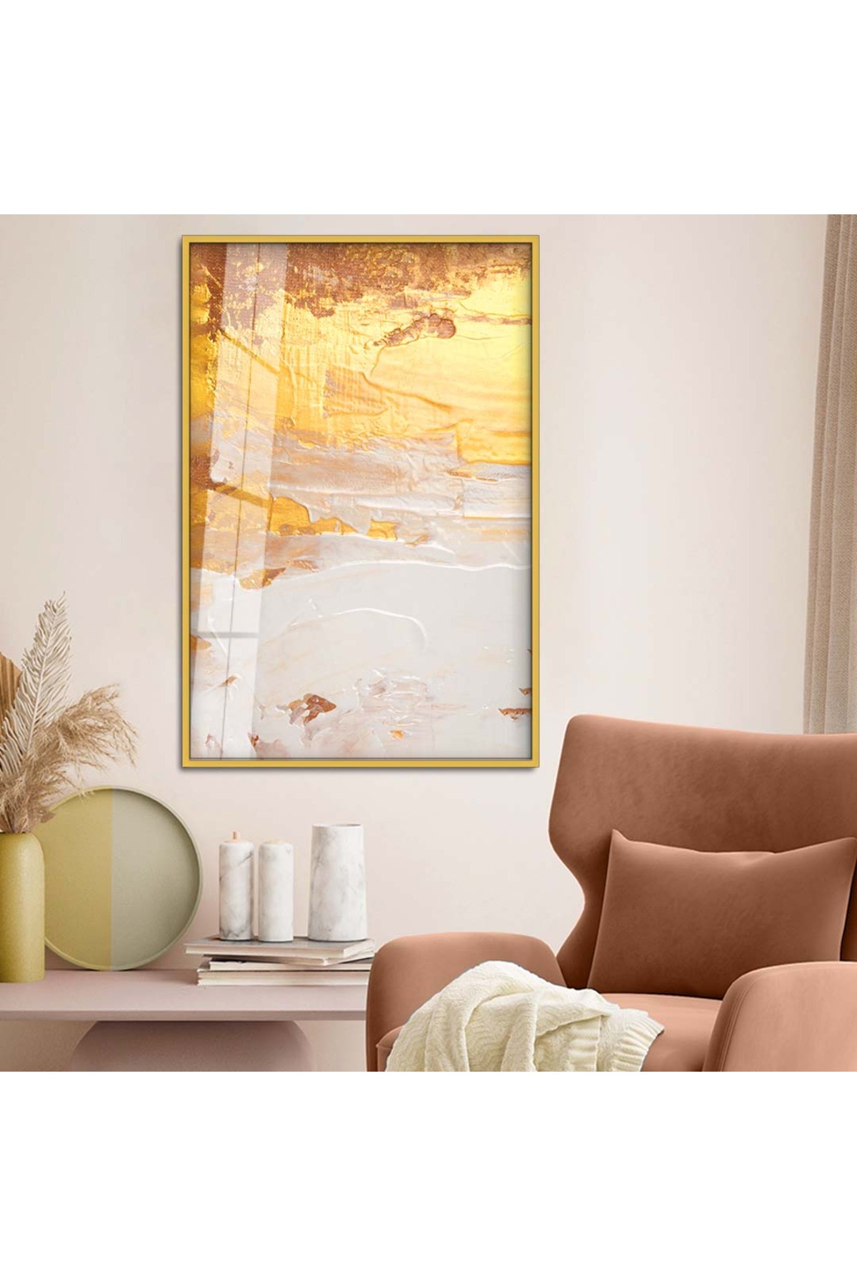 Salon Tablosu Huzur Soyut Tema Modern Çizim Metal Çerçeveli UV Baskı Kırılmaz Cam Tablo