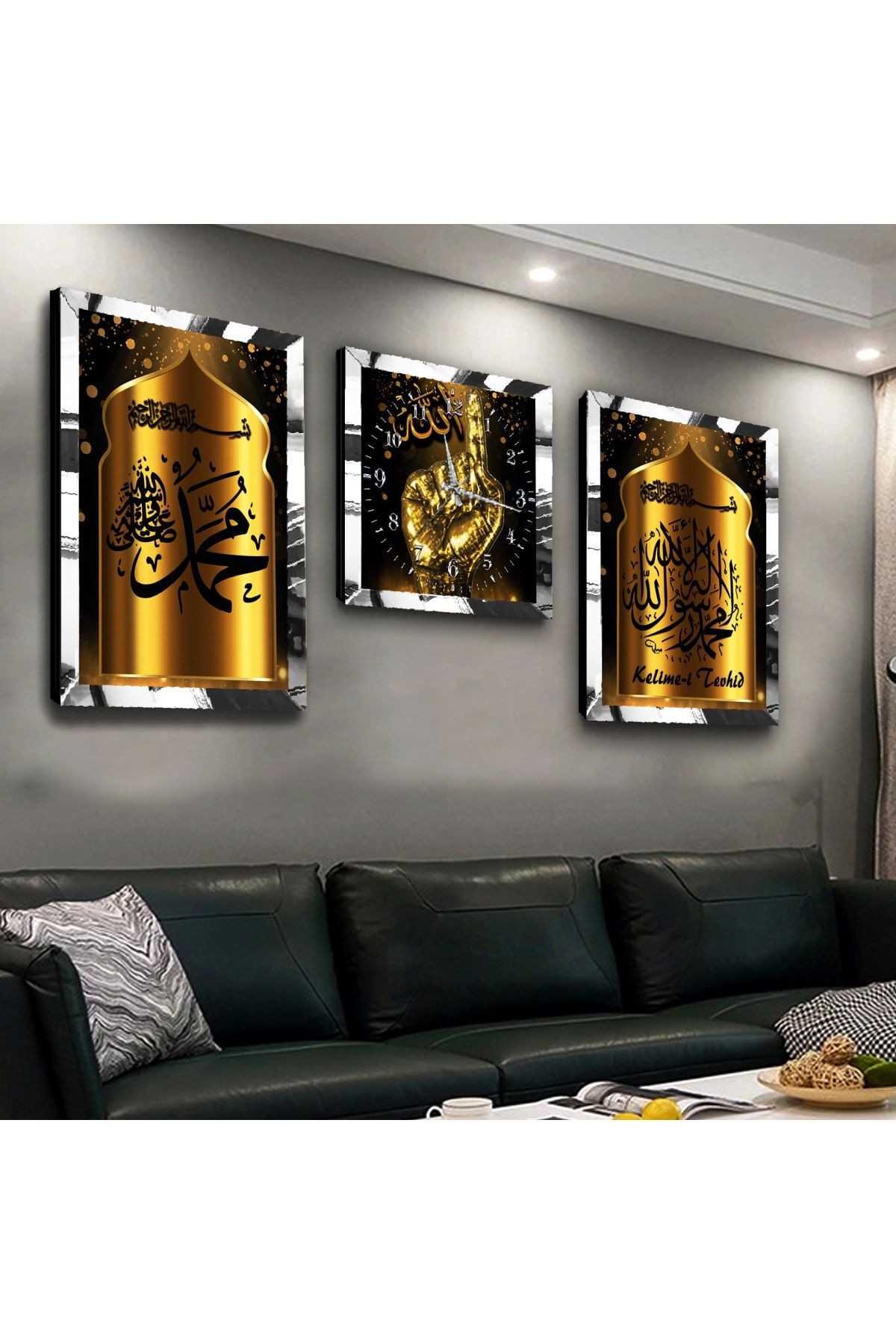 Gold Aynalı Pleksi Çerçeveli Kelime-i Tevhid Üçlü Mdf Tablo Seti Ve Saat Seti