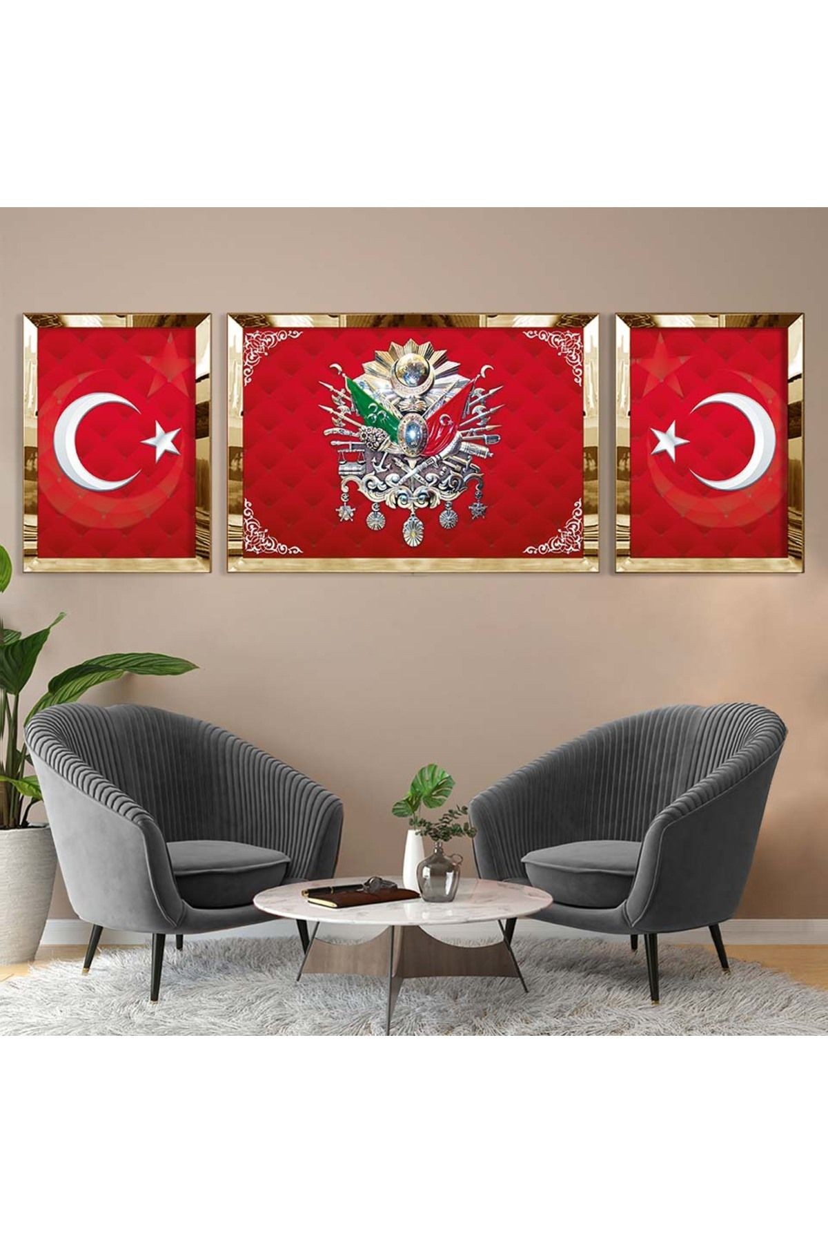 Gold Aynalı Pleksi Çerçeveli Üçlü Kırmızı Arka Planlı Beyaz Desenli Osmanlı Tuğrası Mdf Tablo Seti