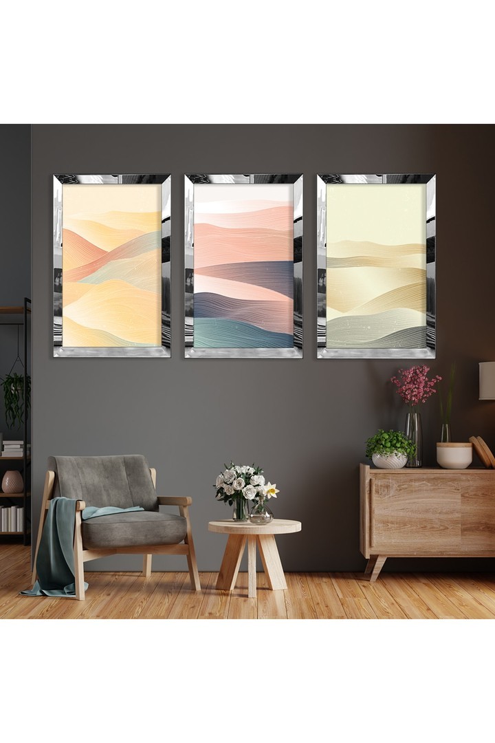 Soyut Desen Kum Gold Pleksi Kenar 3'Lü Solmaz MDF Tablo
