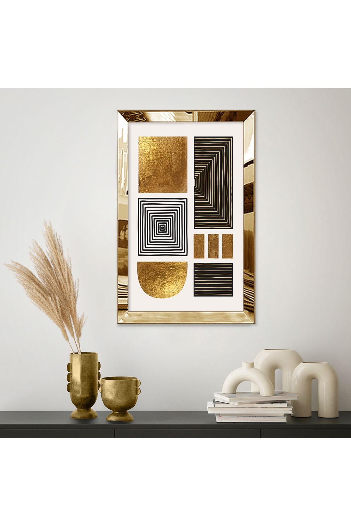 Gold Aynalı Pleksi Çerçeveli Çizgili Geometrik Blok Tasarım Mdf Tablo