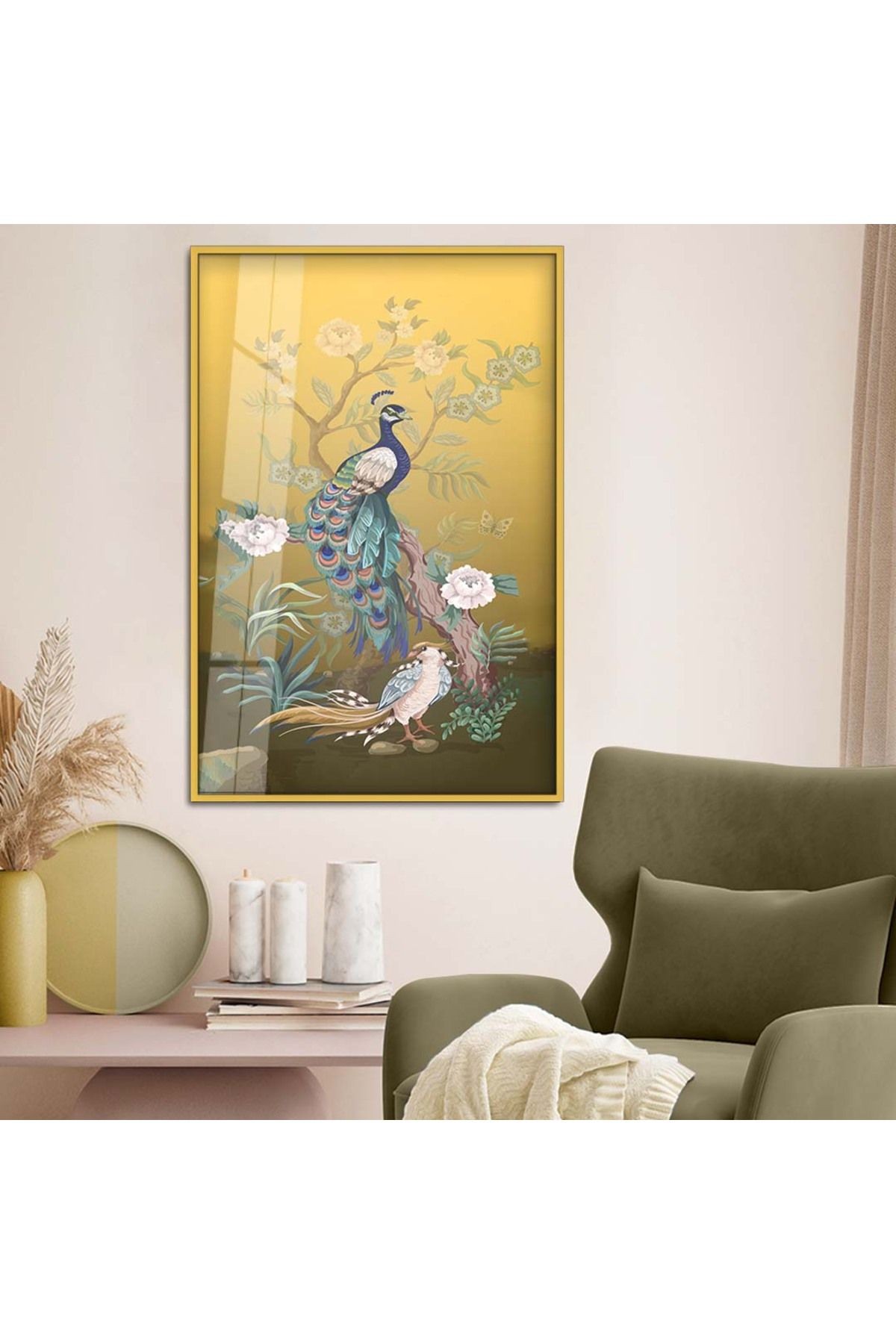 Gold Metal Çerçeveli Modern Çizim Tavus Kuşu Figür Kırılmaz Cam Tablo
