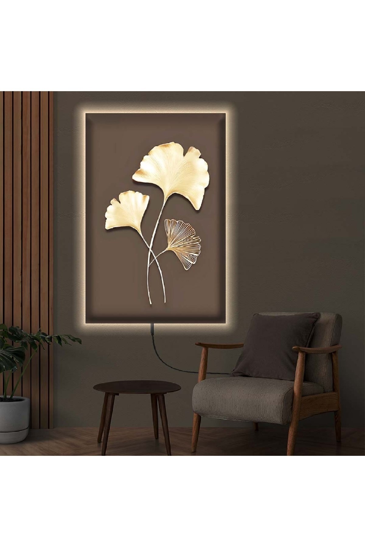 Oturma Odası Tablosu Ledli Kolaj Çizim Ahşap Şase Dijital Baskı Kanvas Tablo 50X70Cm