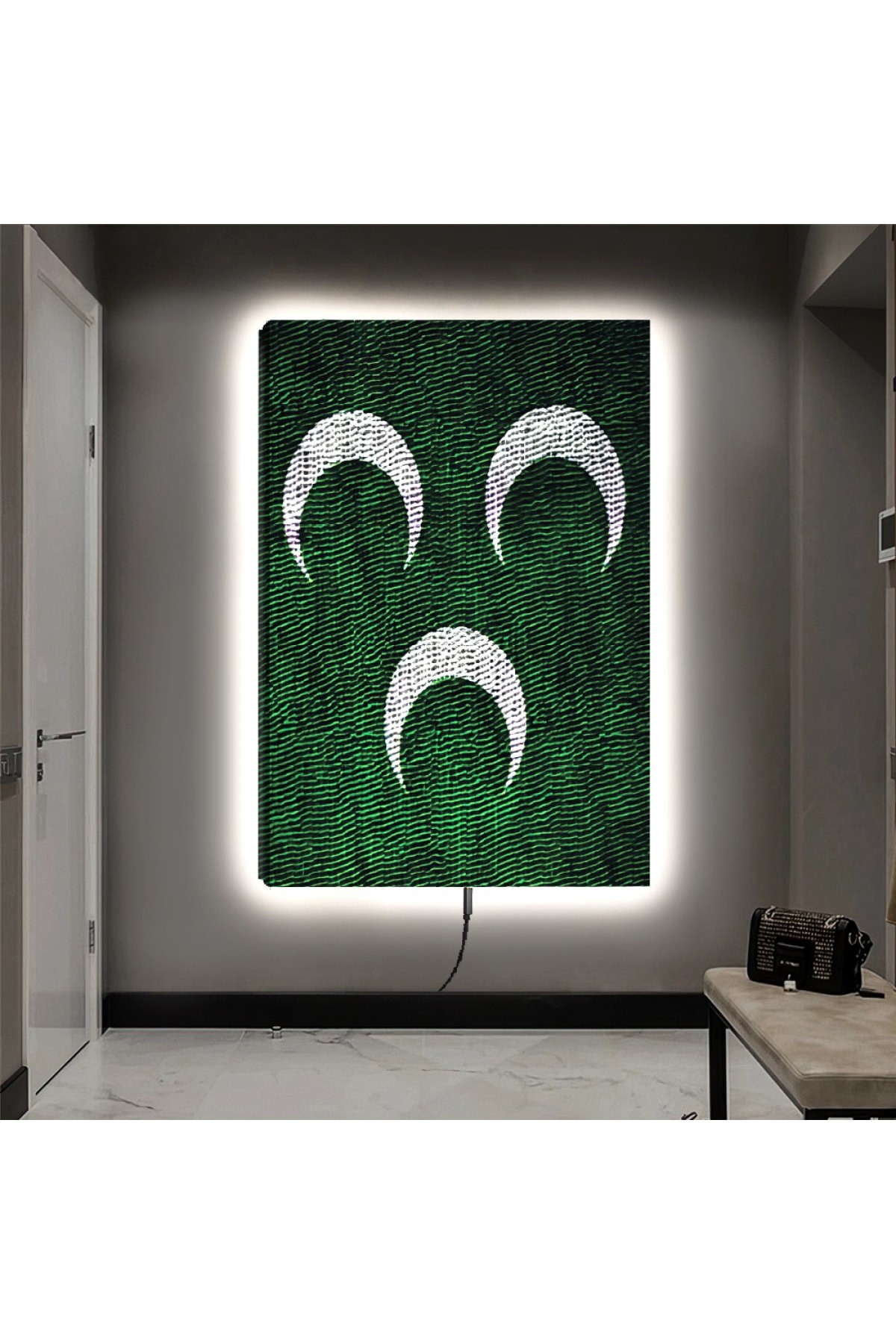 Modern Ledli 3 Hilal Ahşap Şase Dijital Baskı Kanvas Tablo 90X60Cm