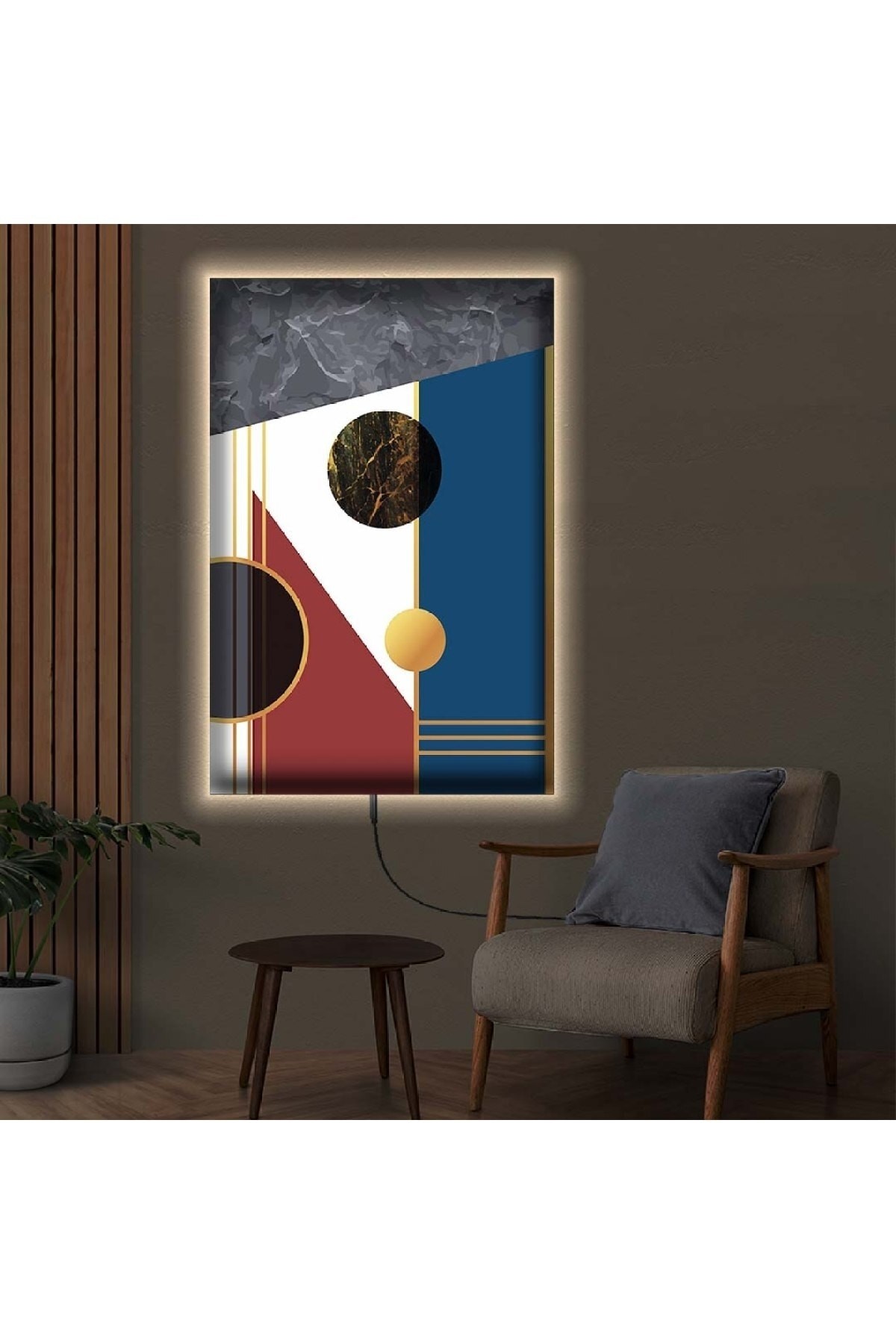 Parlak Ledli Modern Çizim Ahşap Şase Dijital Baskı Kanvas Tablo 90X60Cm
