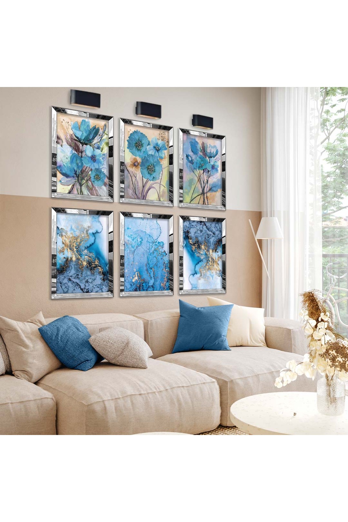 Modern Çizim Ve Mavi Çiçek 6'Lı Pleksi Kenar Solmaz MDF Tablo Seti