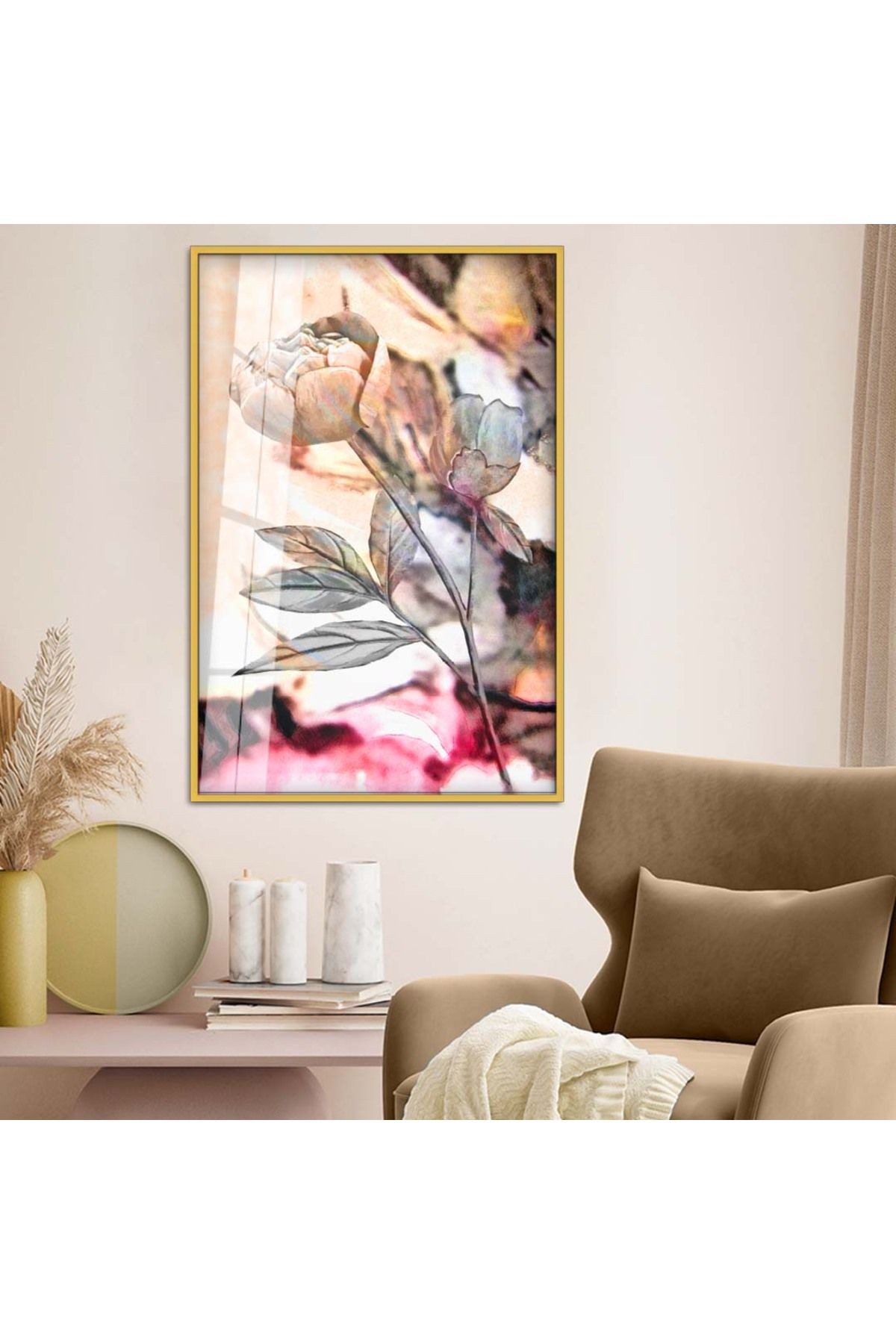 Gold Metal Çerçeveli Çiçek Desen Modern Çizim Kırılmaz Cam Tablo