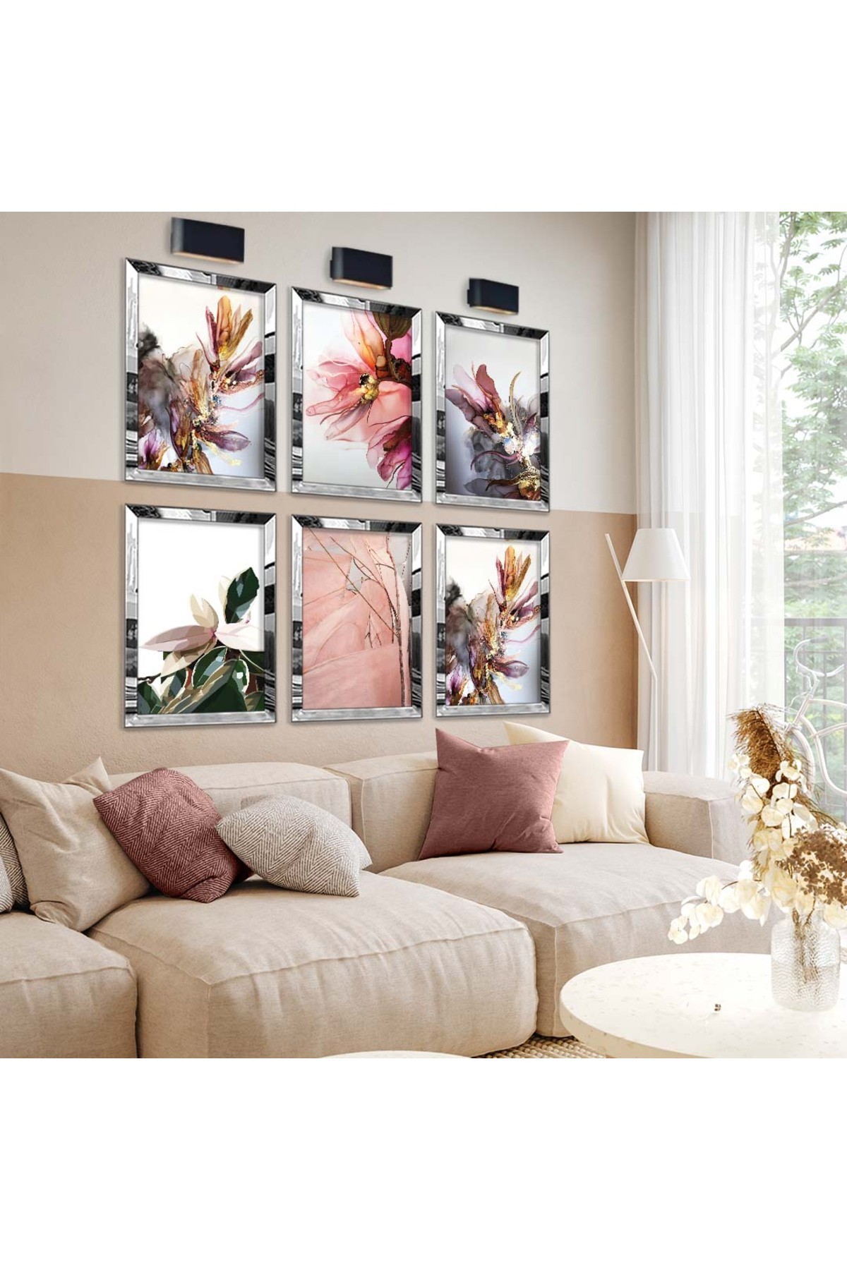 Renkli Çiçekler Modern Çizim 6'Lı Pleksi Kenar Solmaz MDF Tablo Seti