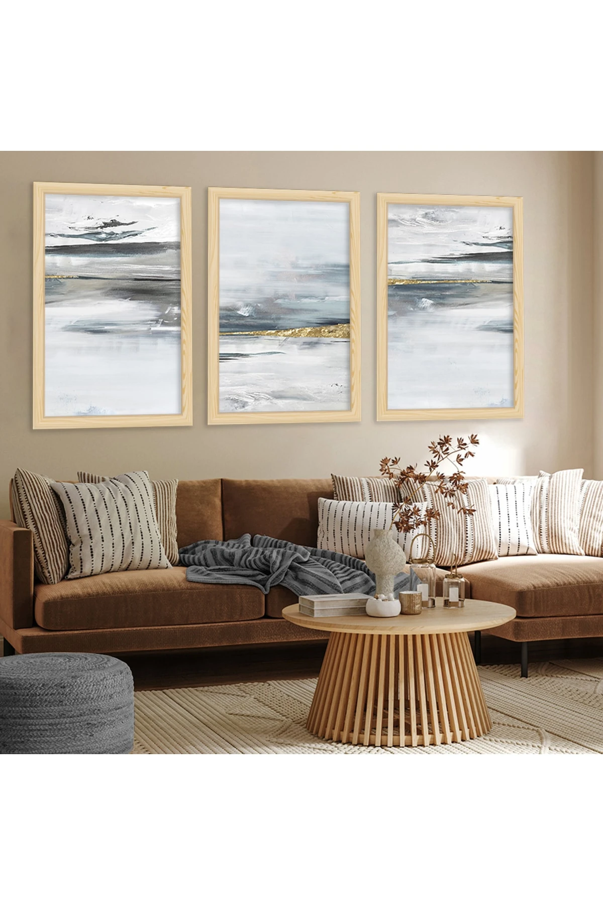 Tasarım Renkli Ahşap Çerçeveli Kolaj Çizim Modern Tablo