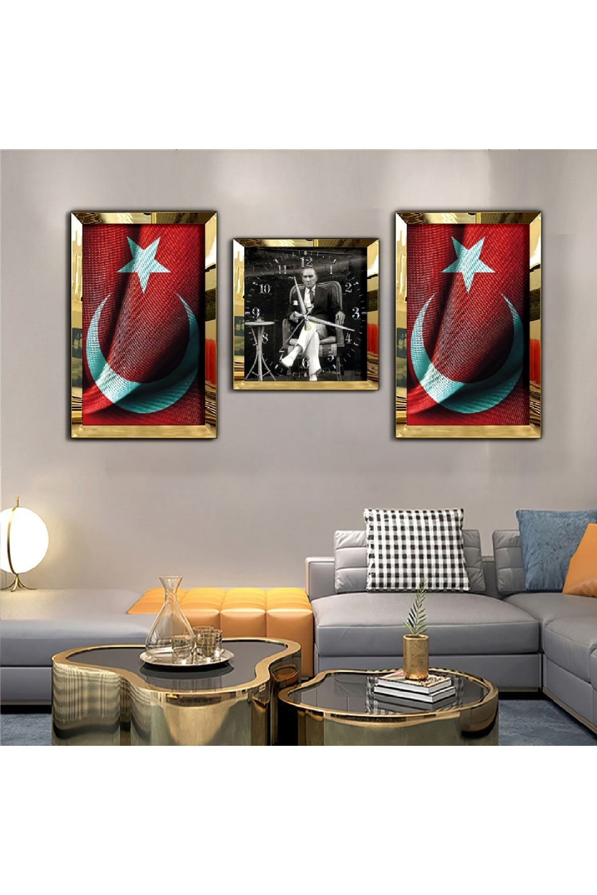 Sanatsal Mustafa Kemal Atatürk Aynalı Gold Pleksi Çerçeveli MDF Tablo Ve Saat Seti