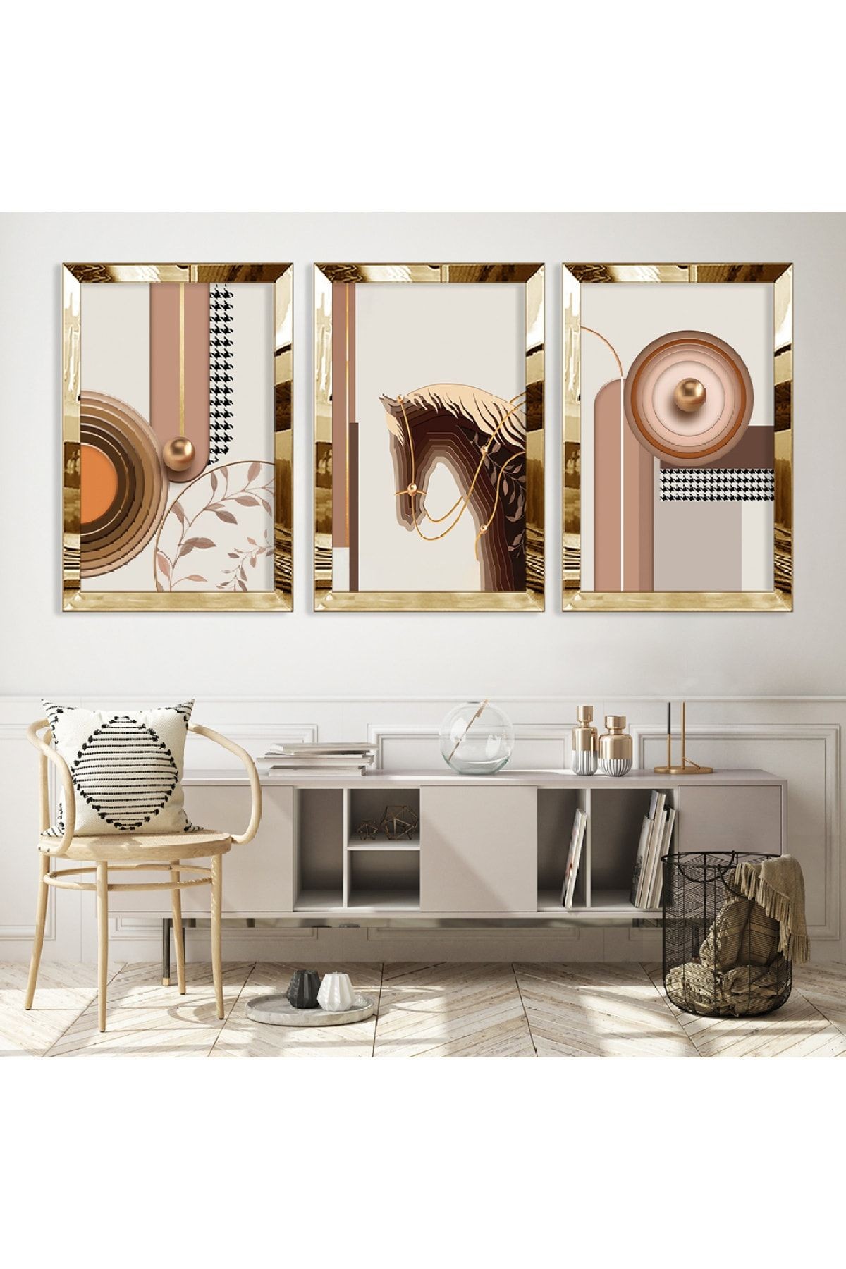 Gold Aynalı Pleksi Çerçeveli Minimalist Üçlü Soyut Desen Üçlü Mdf Tablo Seti