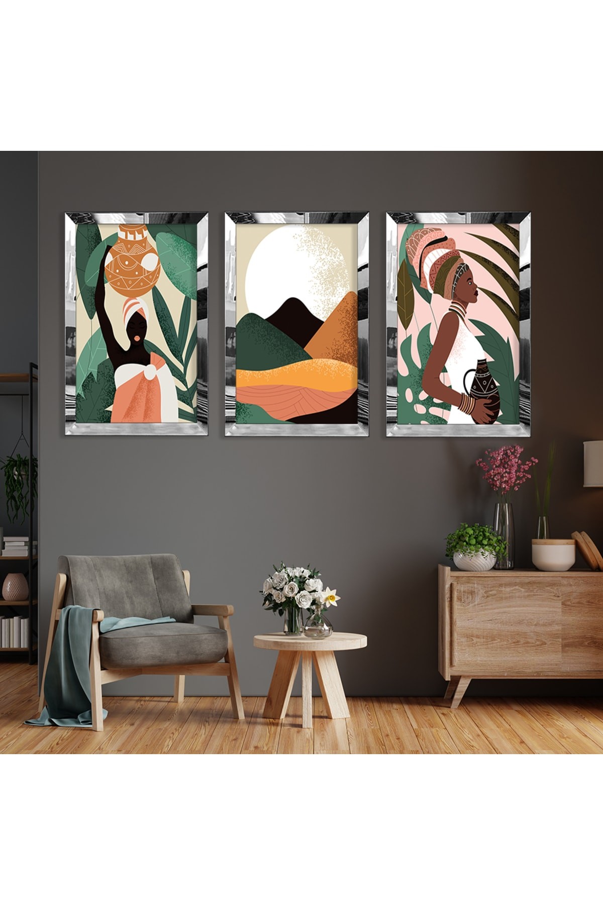 Minimalist Tablo Soyut Desen Gold Pleksi Kenar 3'Lü MDF Tablo Ve Saat Kombin