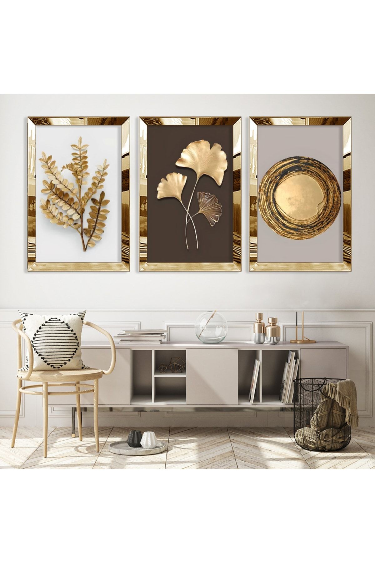 Gold Aynalı Pleksi Çerçeveli Kolaj Çizim Üçlü Mdf Tablo Seti