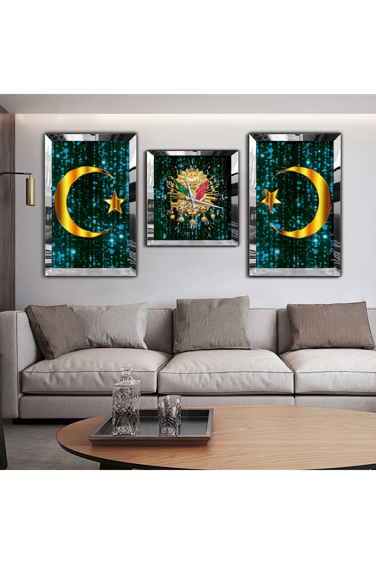Tasarım Osmanlı Tuğrası Aynalı Gold Pleksi Çerçeveli MDF Tablo Ve Saat Seti