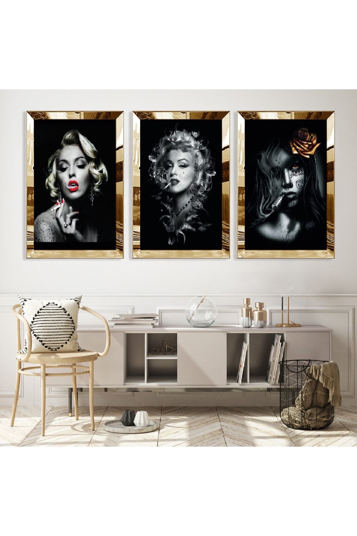 Gold Aynalı Pleksi Çerçeveli Marilyn Monroe Üçlü Mdf Tablo Seti
