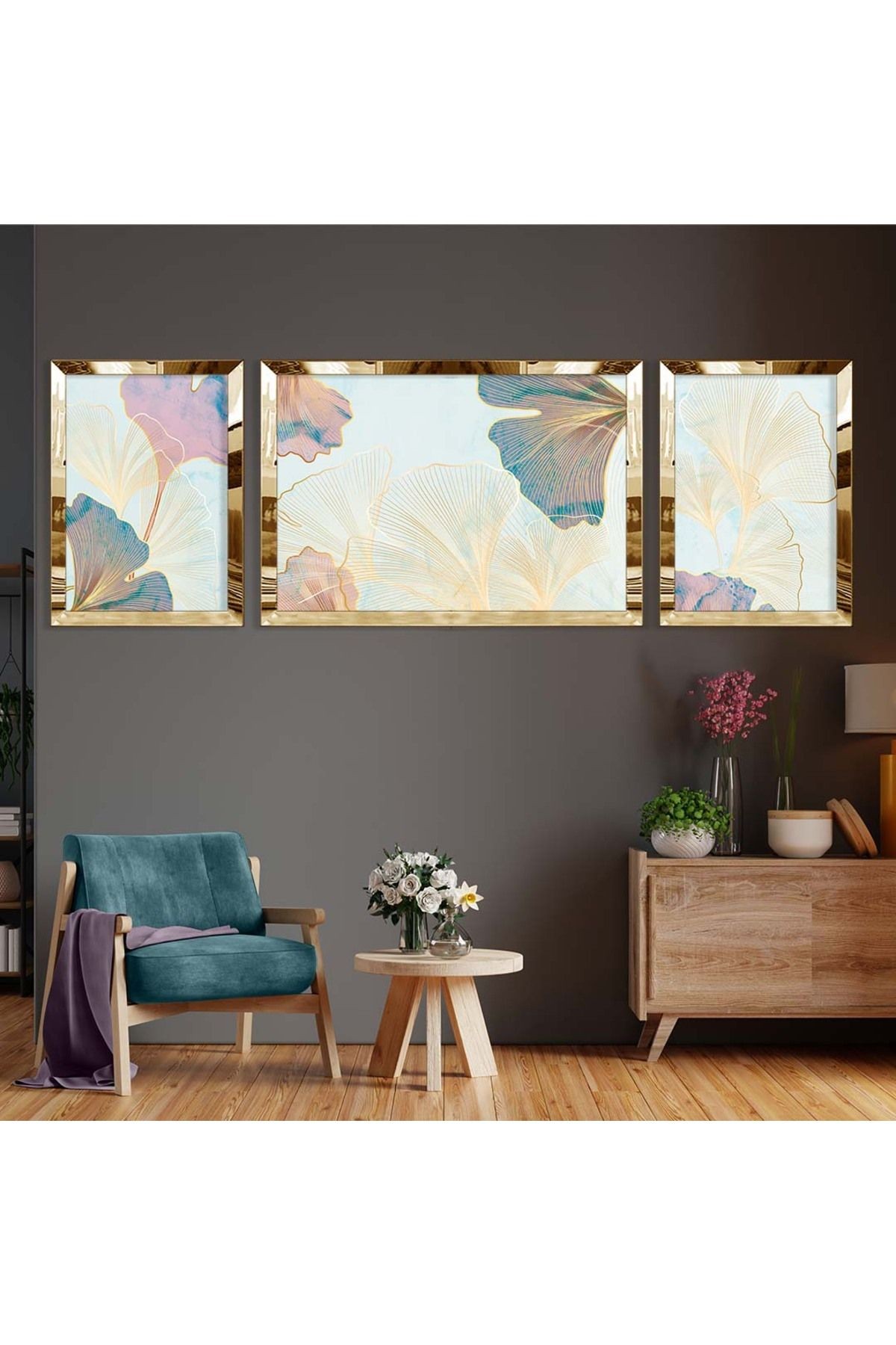 Gold Aynalı Pleksi Çerçeveli Üçlü Açık Mavi Arka Planlı Gold Çizgi Desenli Mdf Tablo Seti