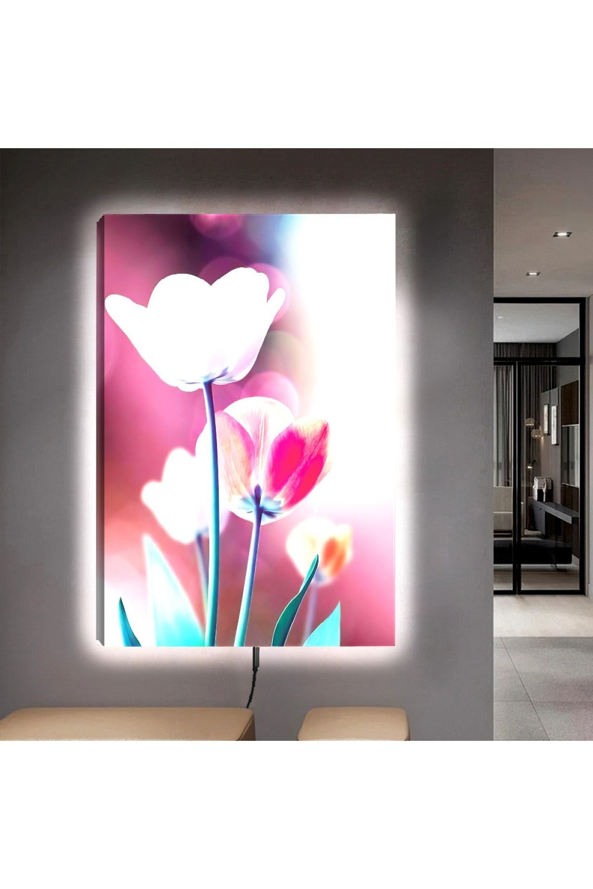 Kanvas Pembe Ve Beyaz Çiçekler Ledli Tablo
