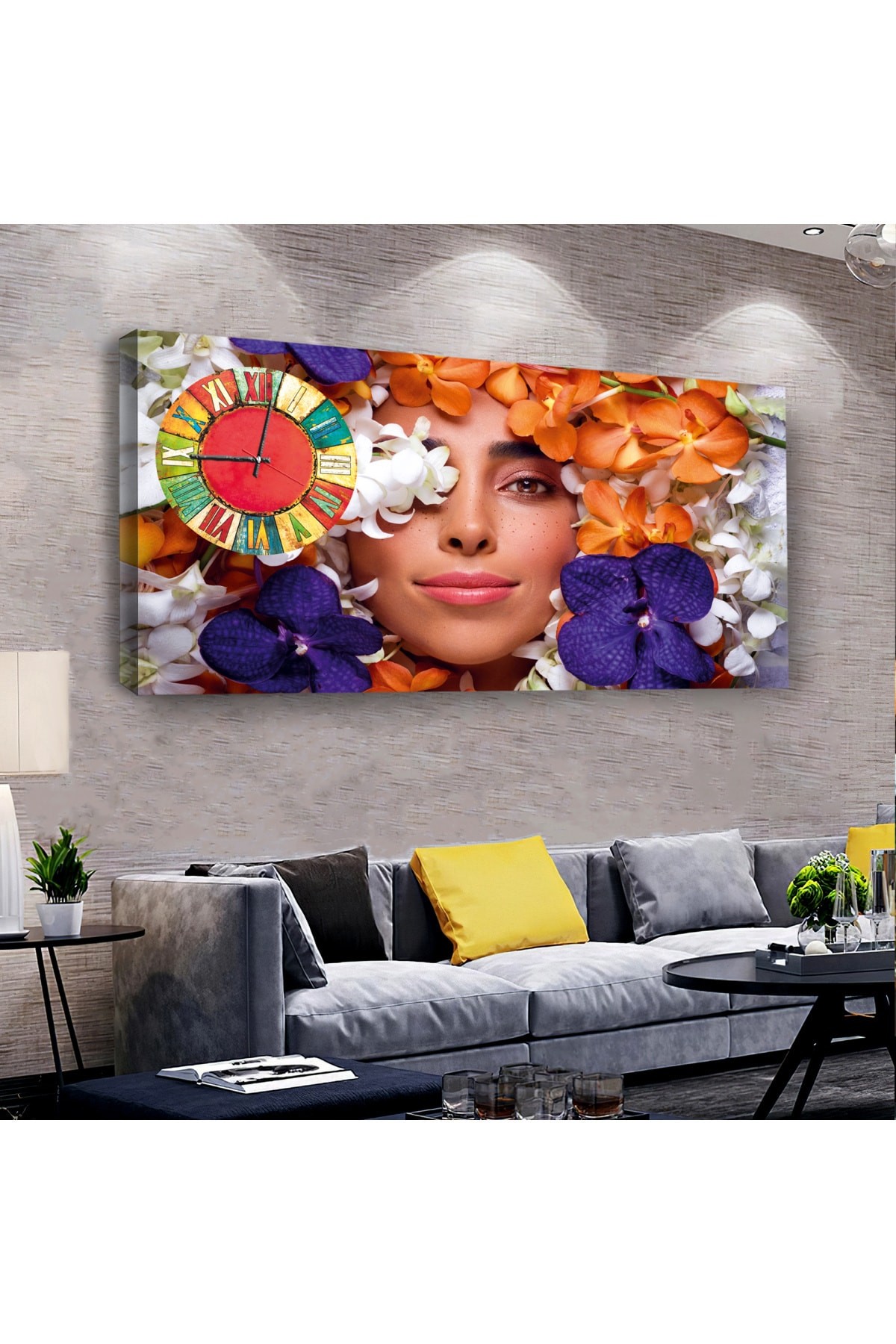 Modern Tablo Kadın Yüzü saatliAhşap Şase Dijital Baskı Kanvas Tablo 100X50Cm