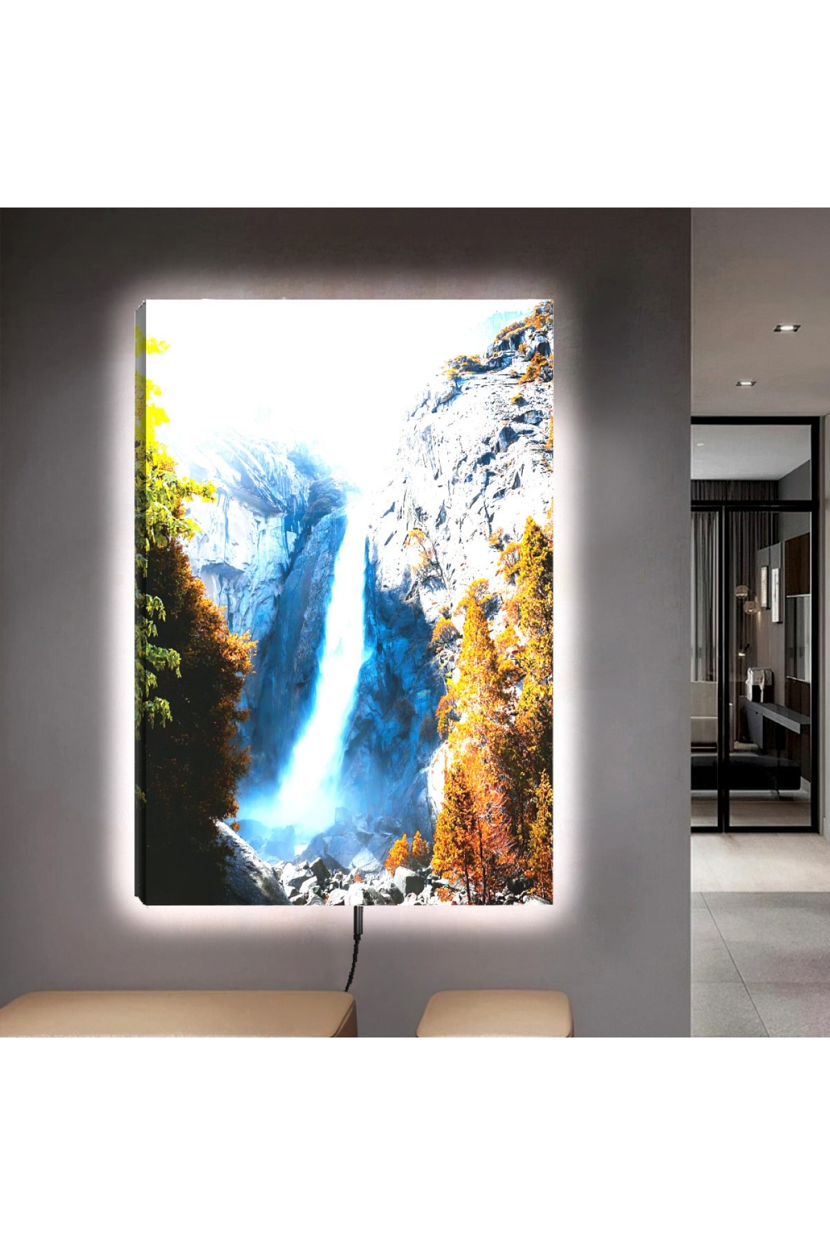 Ledli Şelale Manzara Ahşap Şase Dijital Baskı Kanvas Tablo 90X60Cm