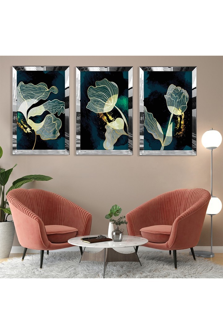 Bitki Soyut Desen Gold Pleksi Kenar 3'Lü Solmaz MDF Tablo