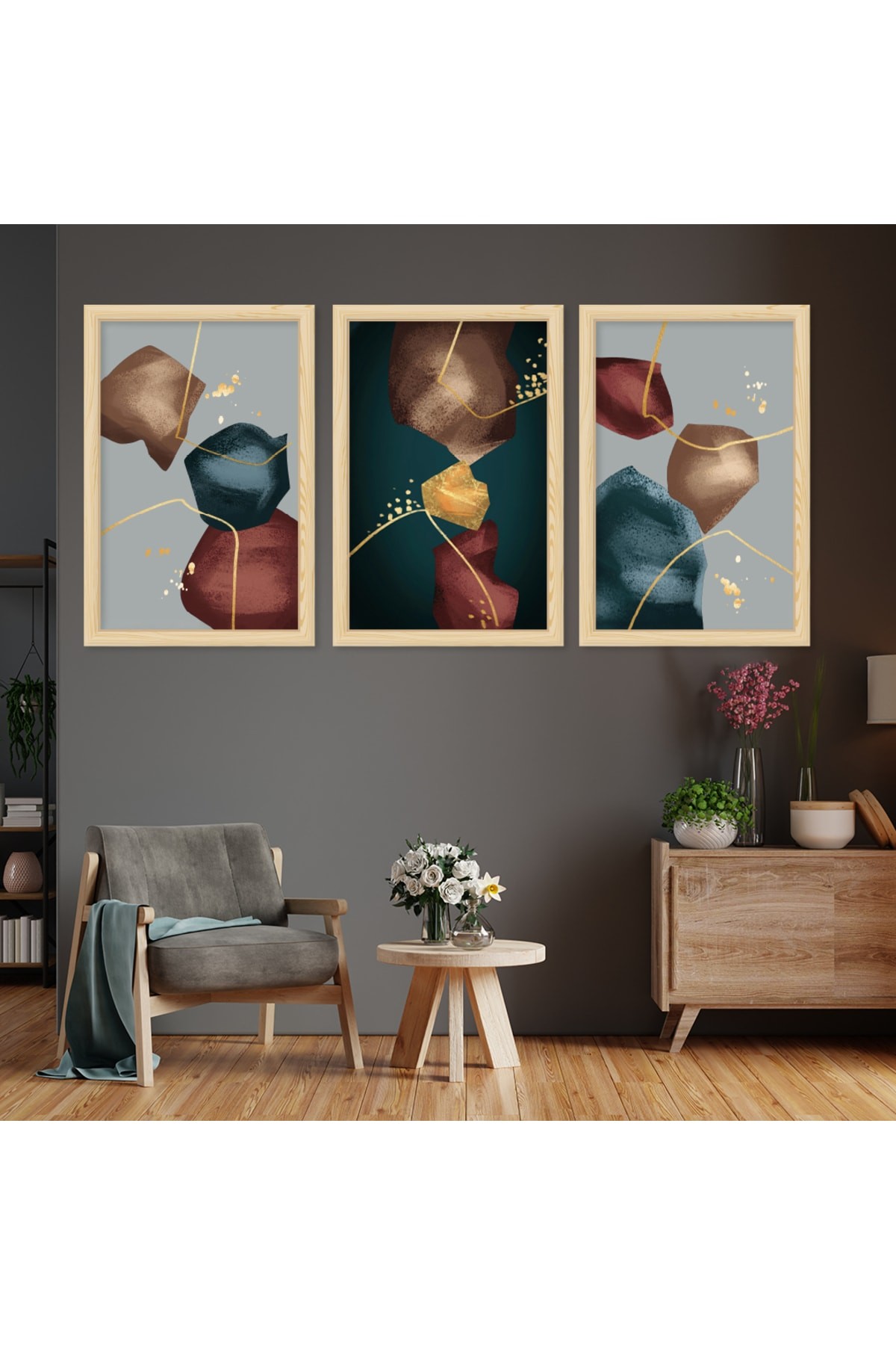 Salon Tablosu Sanatsal Ahşap Çerçeveli Kolaj Çizim Modern Tablo