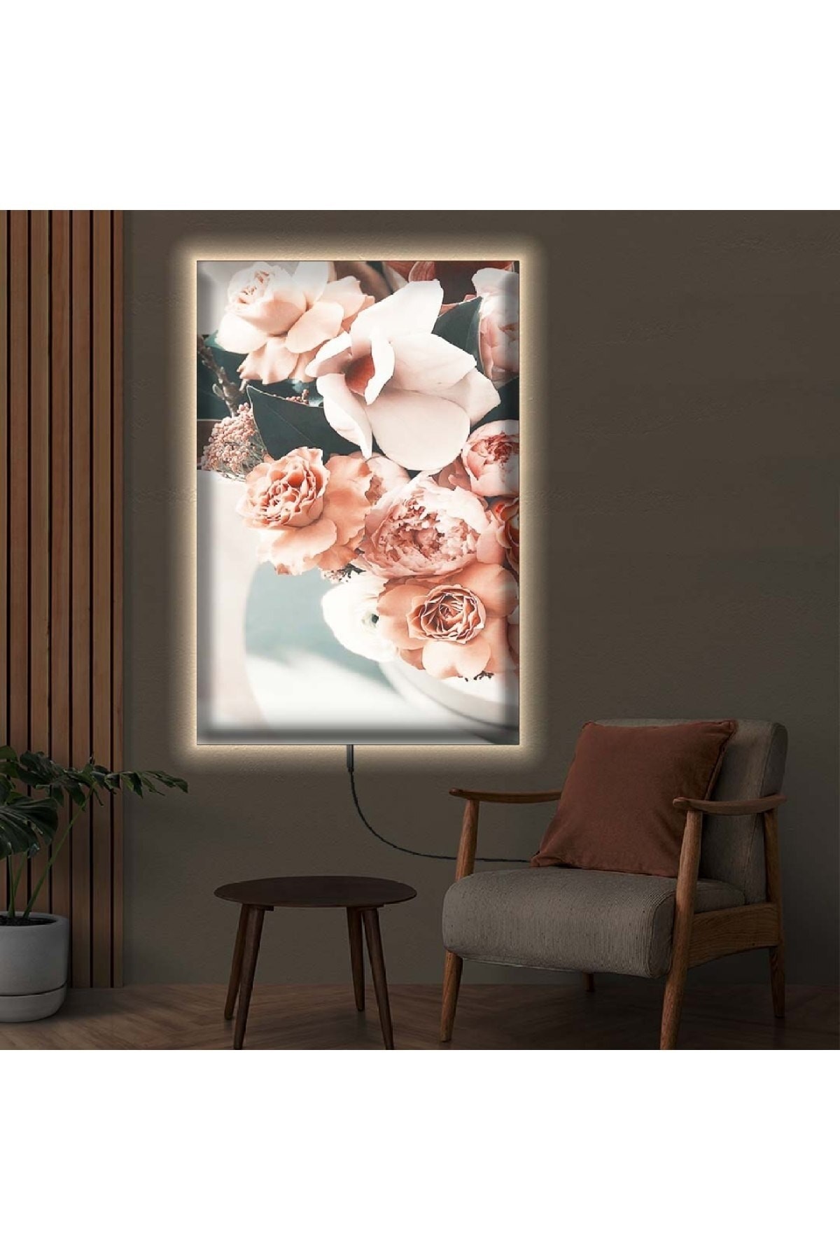 Oturma Odası Tablosu Ledli Kurutulmuş Çiçek Dijital Baskı Kanvas Tablo 90X60Cm